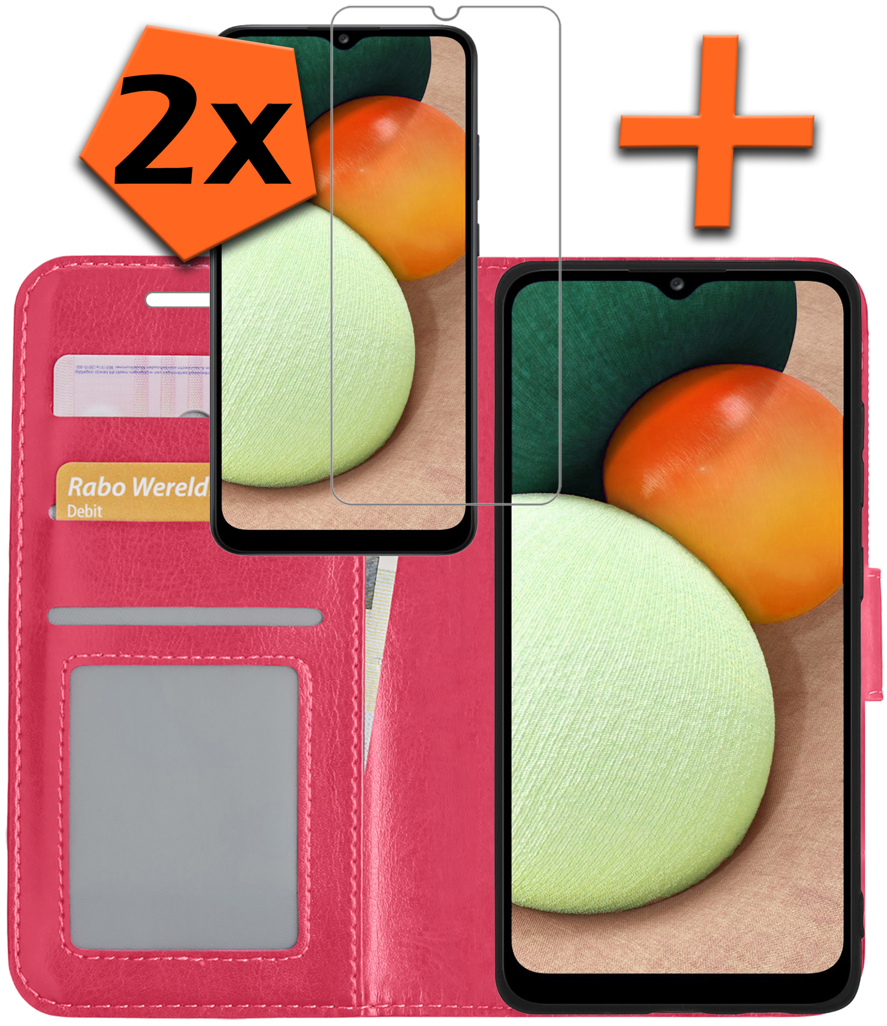 Nomfy Hoesje Geschikt voor Samsung A02s Hoes Bookcase Flipcase Book Cover Met 2x Screenprotector - Hoes Geschikt voor Samsung Galaxy A02s Hoesje Book Case - Donkerroze