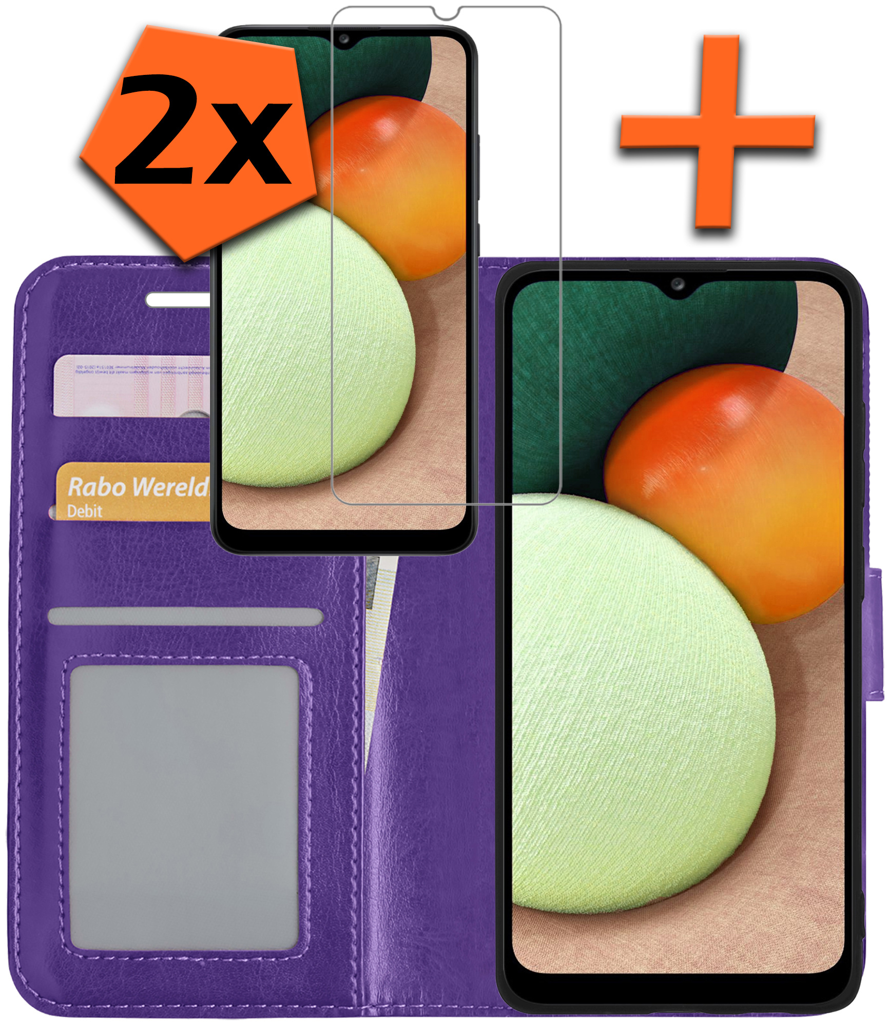 Nomfy Hoesje Geschikt voor Samsung A02s Hoes Bookcase Flipcase Book Cover Met 2x Screenprotector - Hoes Geschikt voor Samsung Galaxy A02s Hoesje Book Case - Paars