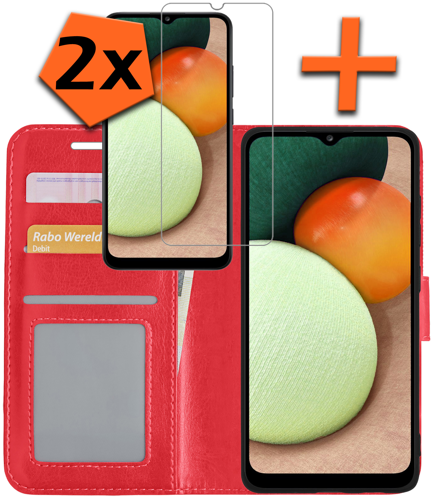 Nomfy Hoesje Geschikt voor Samsung A02s Hoes Bookcase Flipcase Book Cover Met 2x Screenprotector - Hoes Geschikt voor Samsung Galaxy A02s Hoesje Book Case - Rood