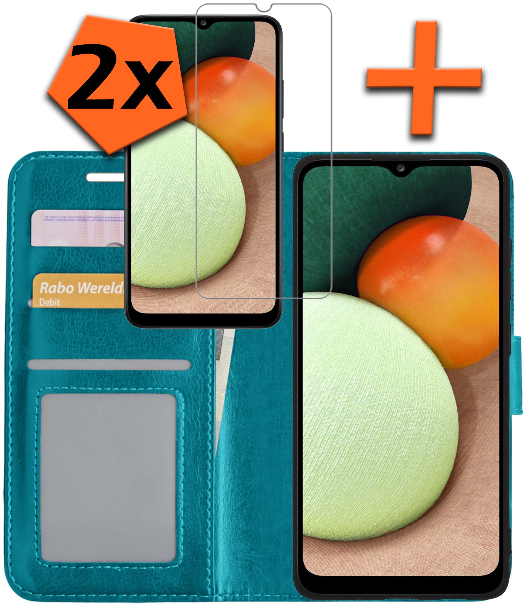 Nomfy Hoesje Geschikt voor Samsung A02s Hoes Bookcase Flipcase Book Cover Met 2x Screenprotector - Hoes Geschikt voor Samsung Galaxy A02s Hoesje Book Case - Turquoise