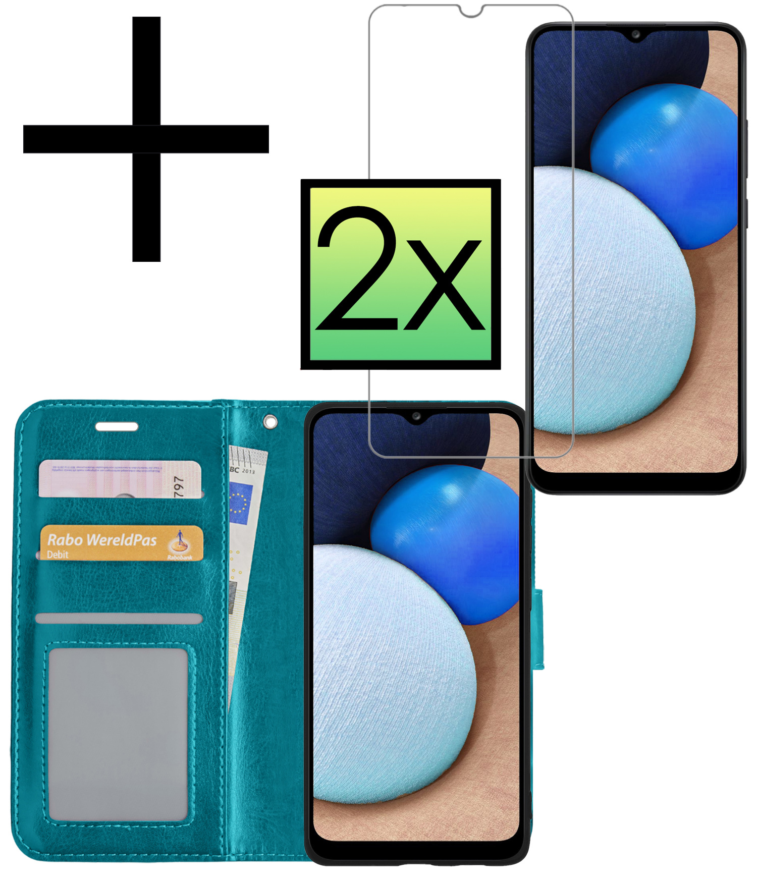 NoXx Hoes Geschikt voor Samsung A03s Hoesje Book Case Hoes Flip Cover Wallet Bookcase Met 2x Screenprotector - Turquoise