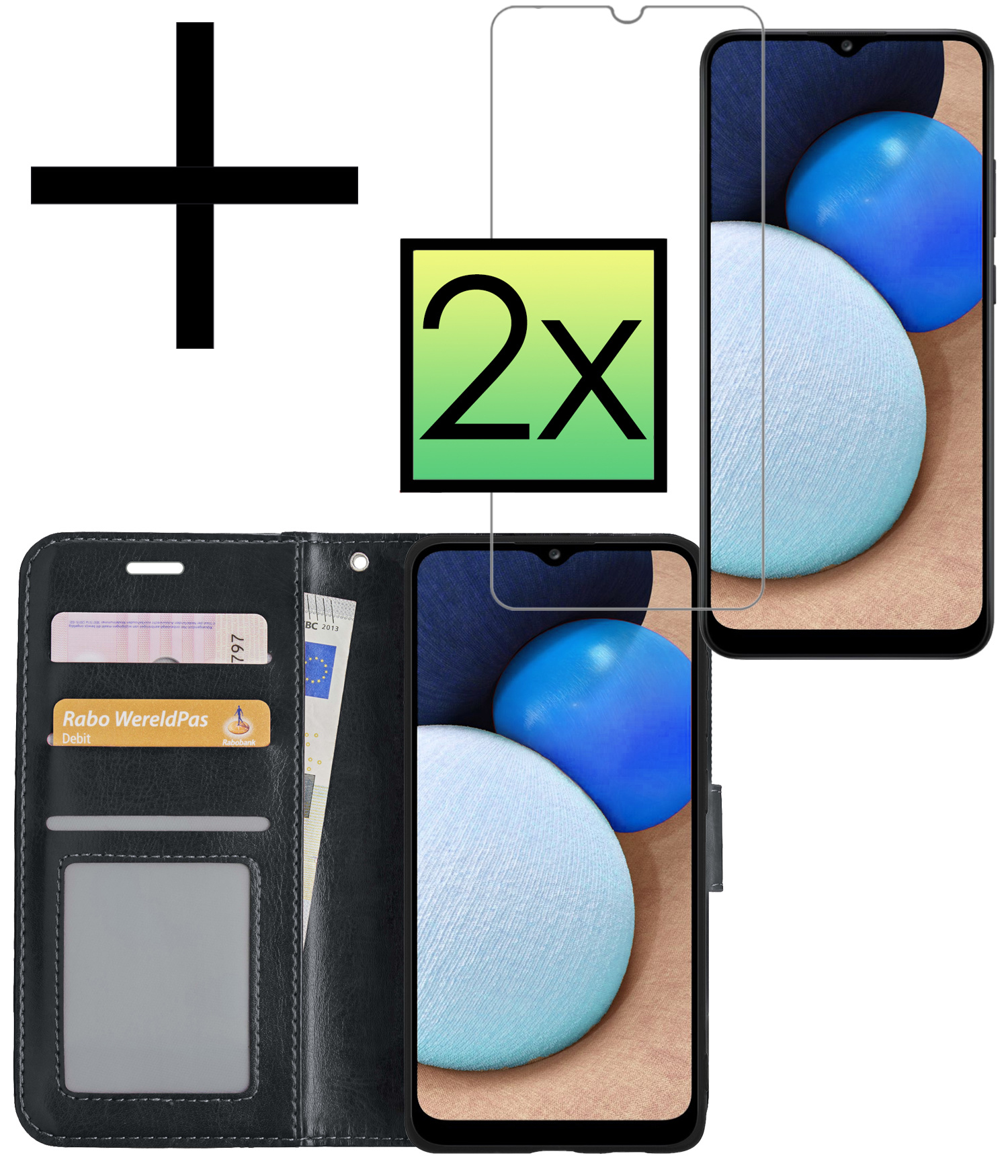 NoXx Hoes Geschikt voor Samsung A03s Hoesje Book Case Hoes Flip Cover Wallet Bookcase Met 2x Screenprotector - Zwart