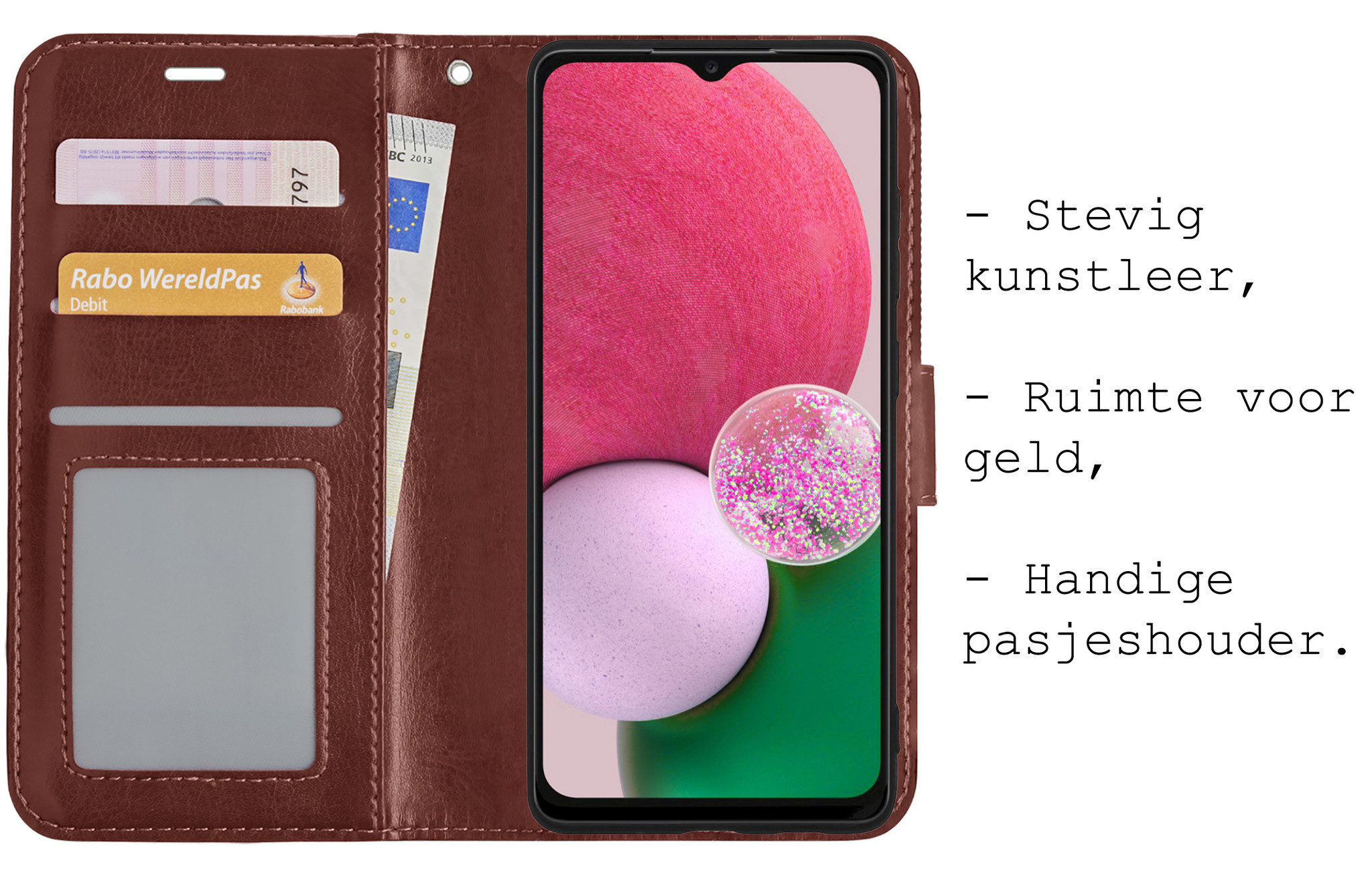BASEY. Hoes Geschikt voor Samsung A13 4G Hoesje Bookcase Hoes Flip Case Book Cover Met Screenprotector - Hoesje Geschikt voor Samsung Galaxy A13 4G Hoes Book Case Hoesje - Bruin