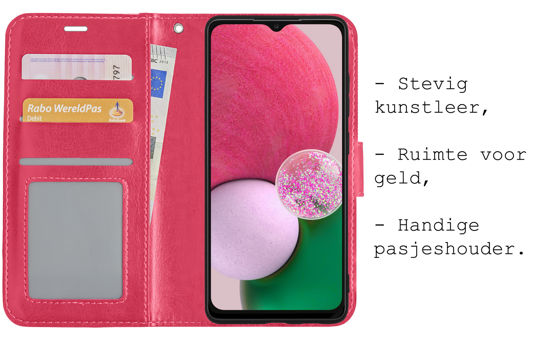 BASEY. Hoes Geschikt voor Samsung A13 4G Hoesje Bookcase Hoes Flip Case Book Cover Met Screenprotector - Hoesje Geschikt voor Samsung Galaxy A13 4G Hoes Book Case Hoesje - Donkerroze