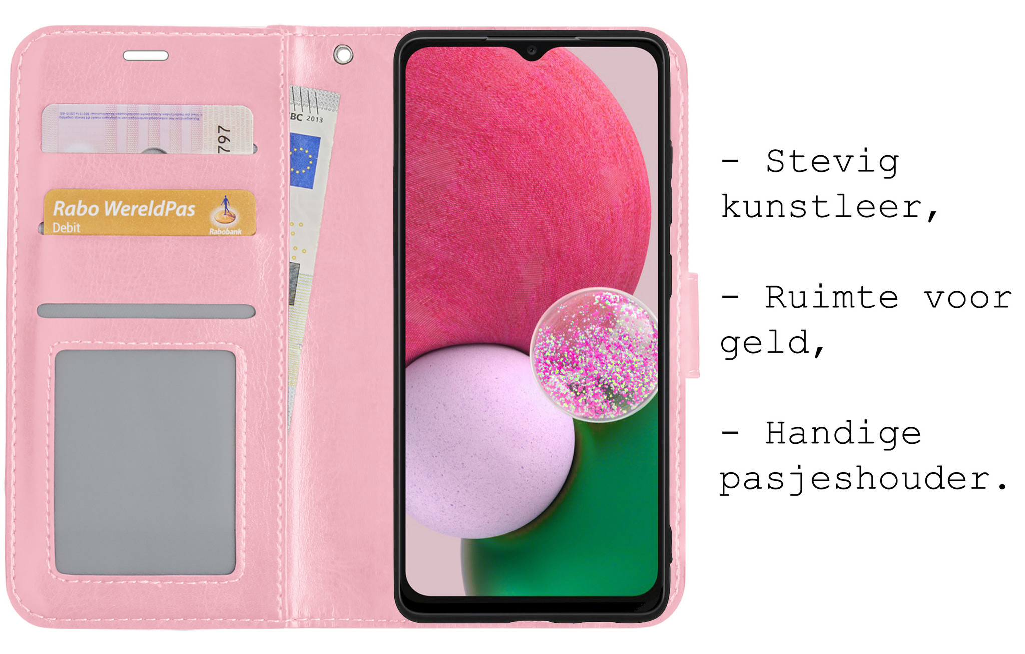BASEY. Hoes Geschikt voor Samsung A13 4G Hoesje Bookcase Hoes Flip Case Book Cover Met 2x Screenprotector - Hoesje Geschikt voor Samsung Galaxy A13 4G Hoes Book Case Hoesje - Lichtroze
