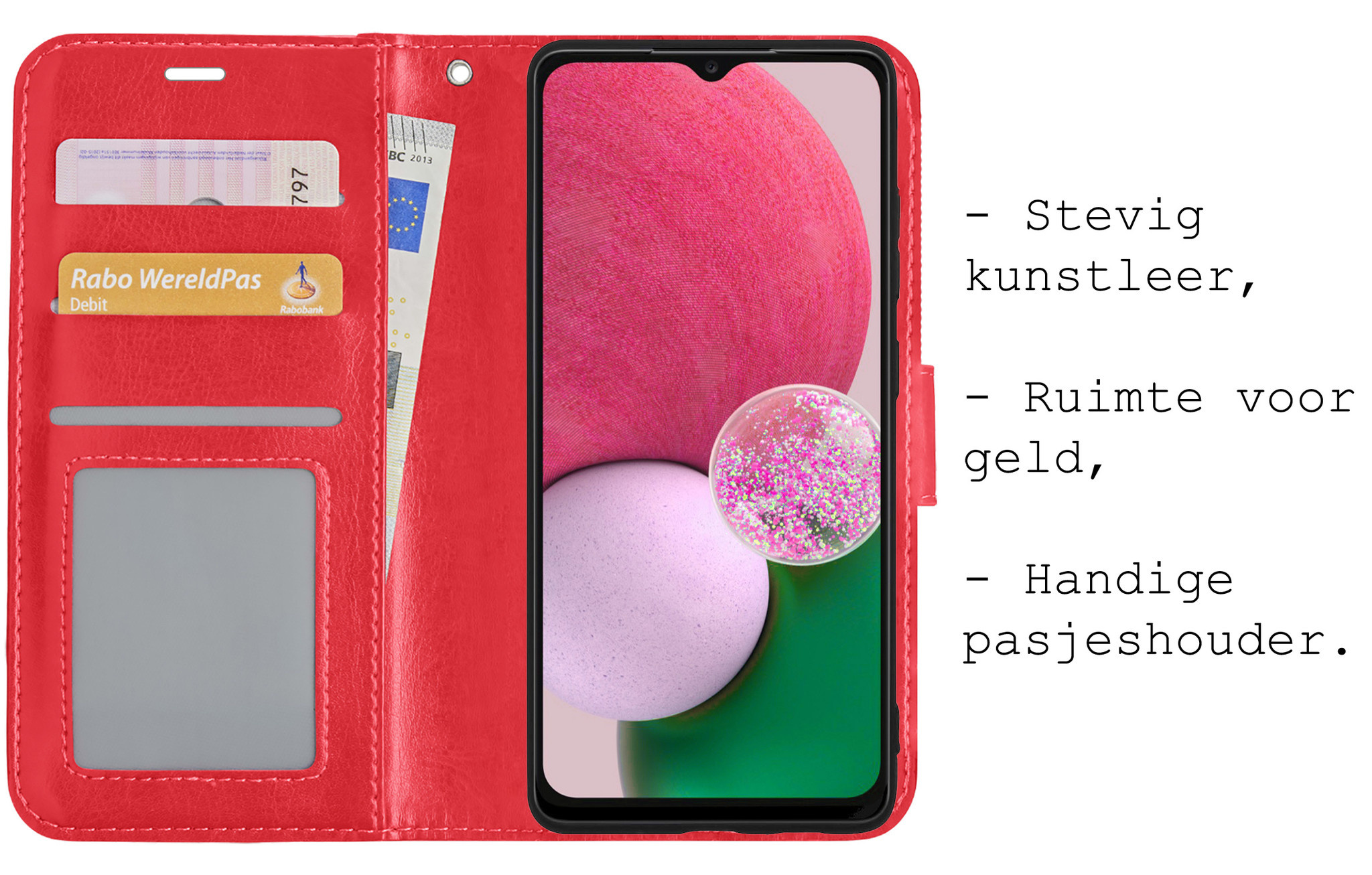 BASEY. Hoes Geschikt voor Samsung A13 4G Hoesje Bookcase Hoes Flip Case Book Cover Met 2x Screenprotector - Hoesje Geschikt voor Samsung Galaxy A13 4G Hoes Book Case Hoesje - Rood