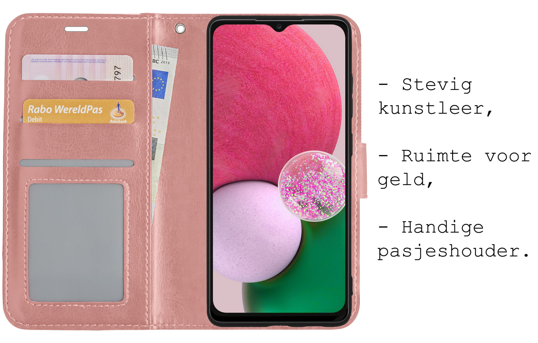 BASEY. Hoes Geschikt voor Samsung A13 4G Hoesje Bookcase Hoes Flip Case Book Cover Met 2x Screenprotector - Hoesje Geschikt voor Samsung Galaxy A13 4G Hoes Book Case Hoesje - Rosé goud