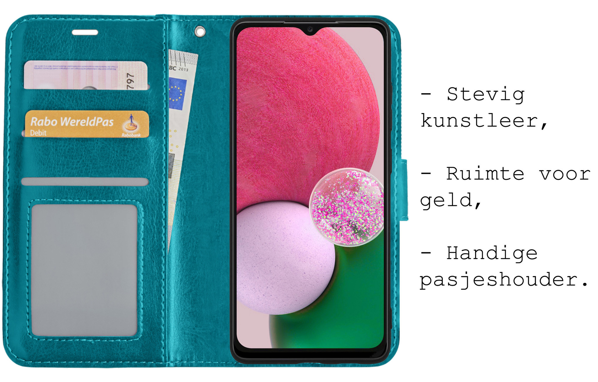 BASEY. Hoes Geschikt voor Samsung A13 4G Hoesje Bookcase Hoes Flip Case Book Cover Met 2x Screenprotector - Hoesje Geschikt voor Samsung Galaxy A13 4G Hoes Book Case Hoesje - Turquoise