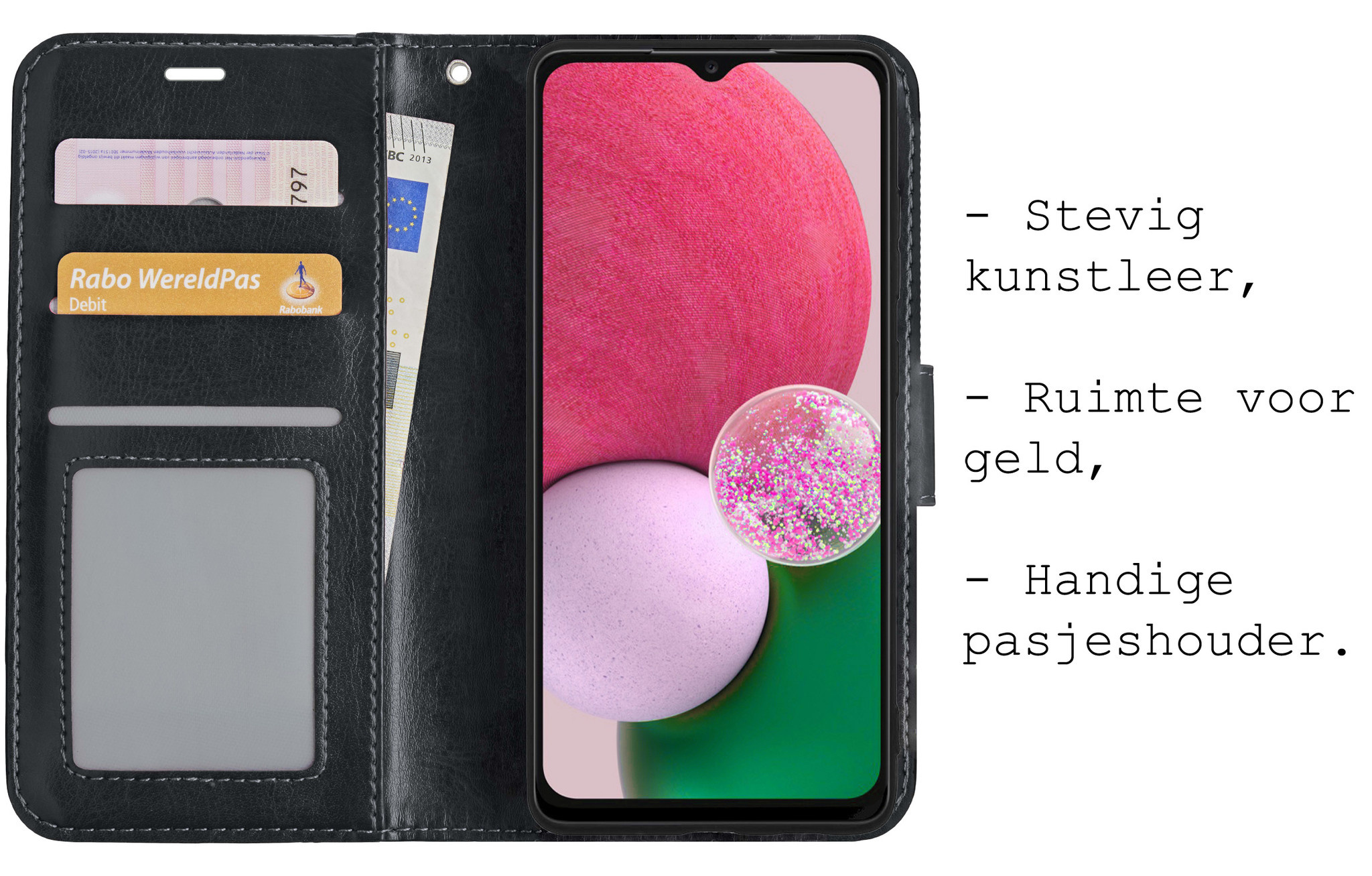 BASEY. Hoes Geschikt voor Samsung A13 4G Hoesje Bookcase Hoes Flip Case Book Cover Met 2x Screenprotector - Hoesje Geschikt voor Samsung Galaxy A13 4G Hoes Book Case Hoesje - Zwart
