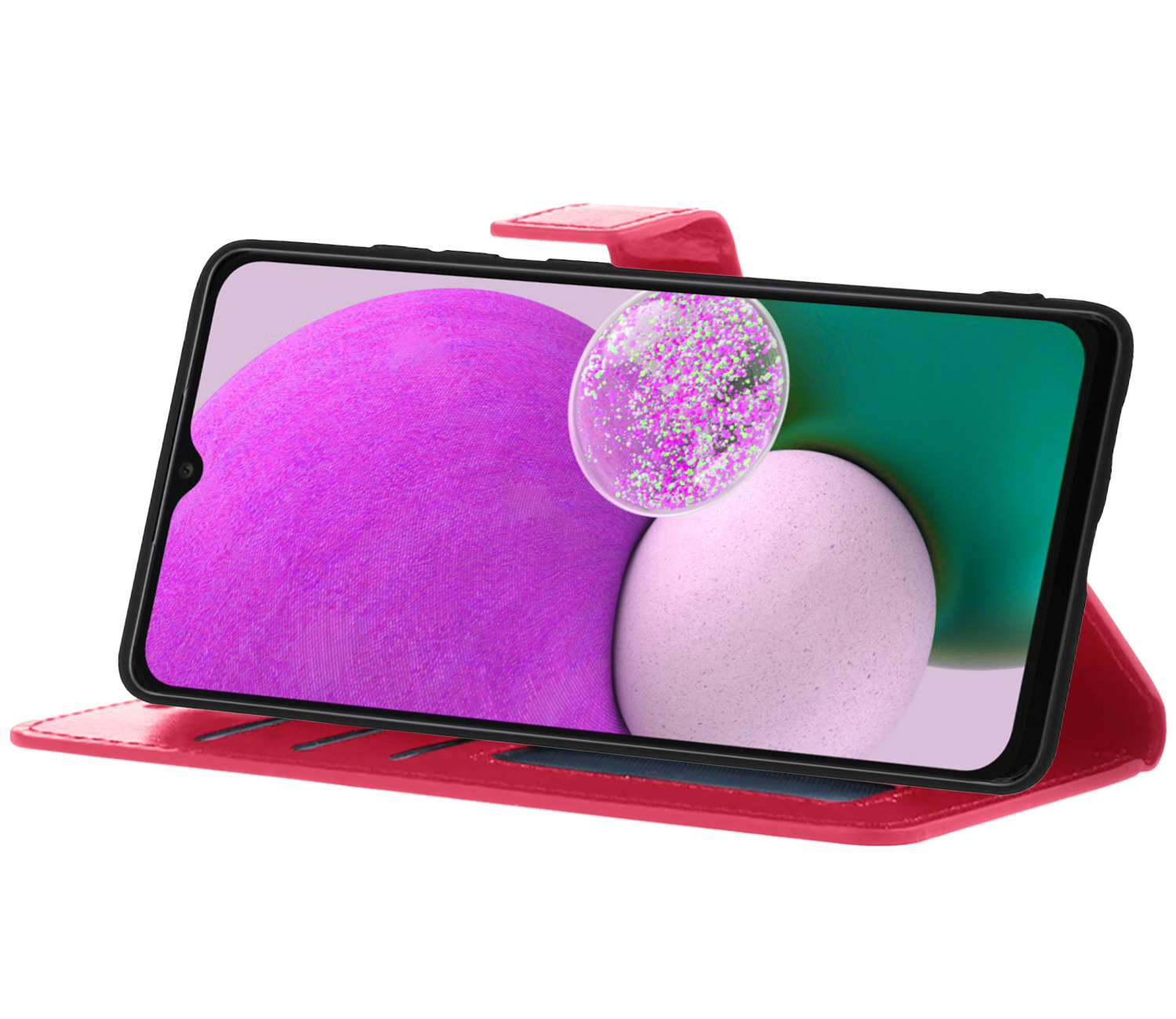 Nomfy Hoesje Geschikt voor Samsung A13 4G Hoes Bookcase Flipcase Book Cover Met 2x Screenprotector - Hoes Geschikt voor Samsung Galaxy A13 4G Hoesje Book Case - Donkerroze