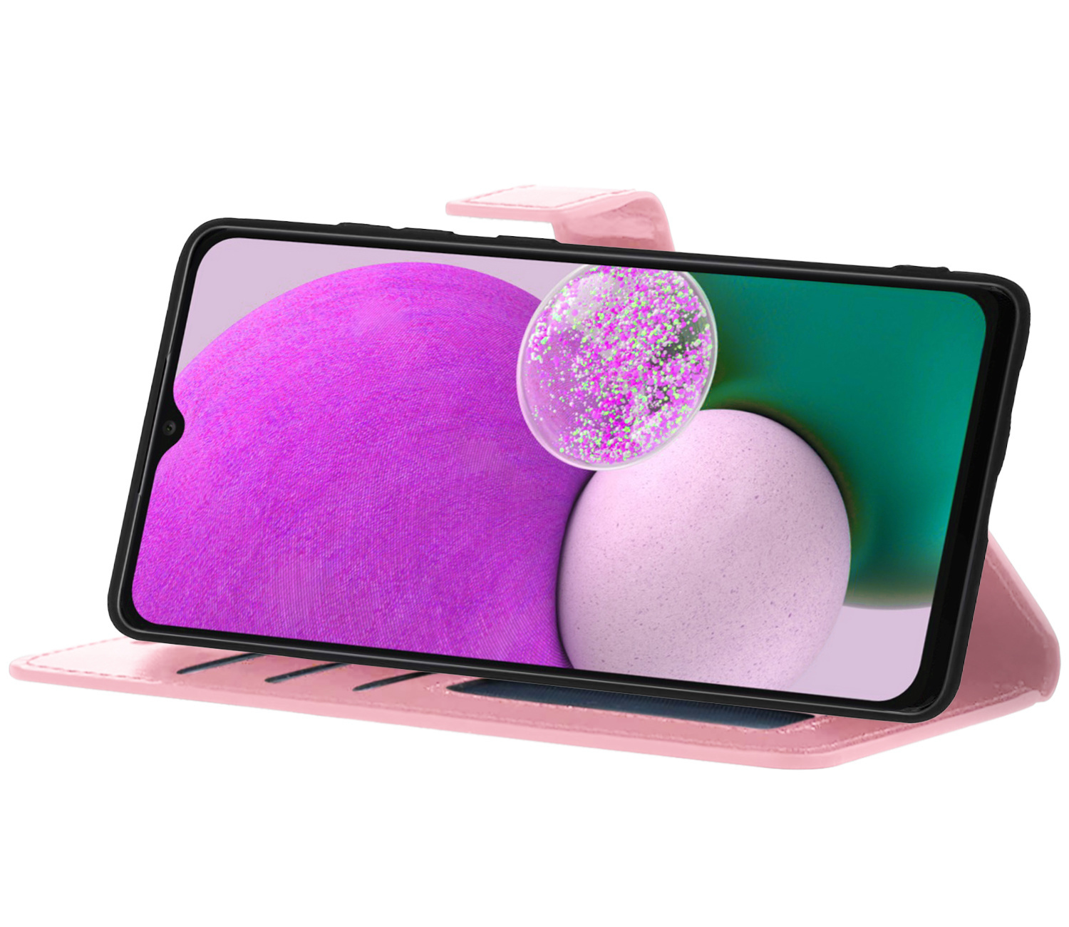Nomfy Hoesje Geschikt voor Samsung A13 4G Hoes Bookcase Flipcase Book Cover Met 2x Screenprotector - Hoes Geschikt voor Samsung Galaxy A13 4G Hoesje Book Case - Lichtroze
