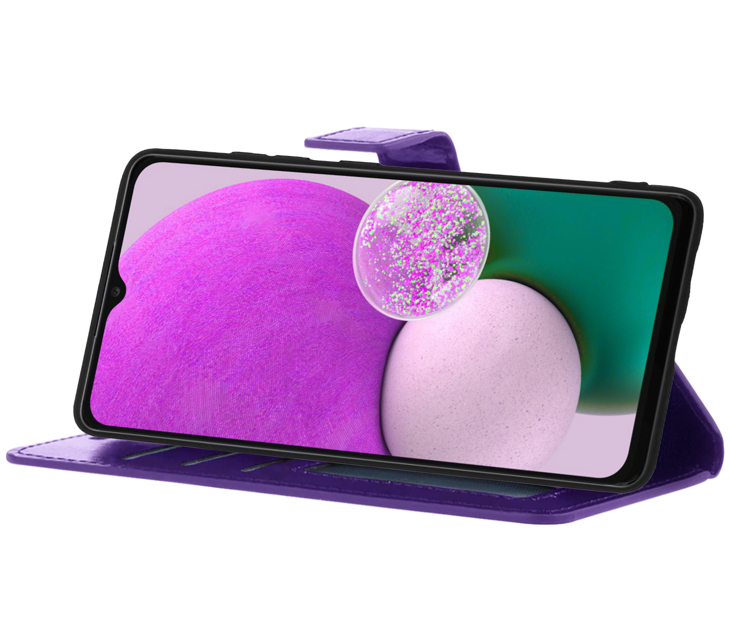 Nomfy Hoesje Geschikt voor Samsung A13 4G Hoes Bookcase Flipcase Book Cover Met 2x Screenprotector - Hoes Geschikt voor Samsung Galaxy A13 4G Hoesje Book Case - Paars