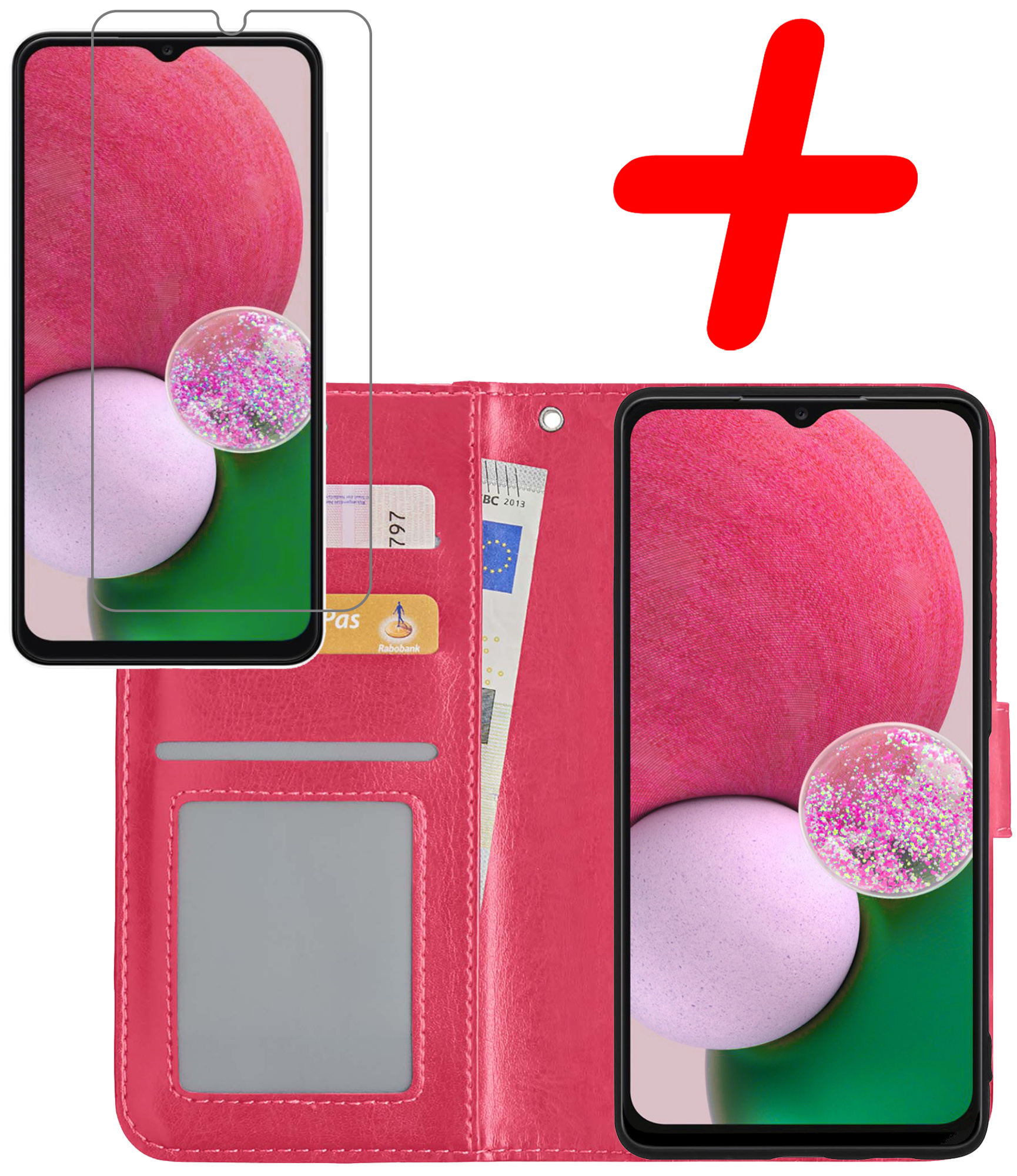 BASEY. Hoes Geschikt voor Samsung A13 4G Hoesje Bookcase Hoes Flip Case Book Cover Met Screenprotector - Hoesje Geschikt voor Samsung Galaxy A13 4G Hoes Book Case Hoesje - Donkerroze