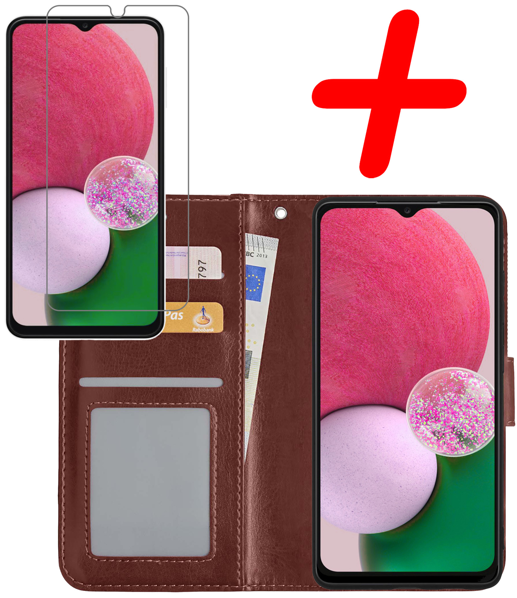 BASEY. Hoes Geschikt voor Samsung A13 4G Hoesje Bookcase Hoes Flip Case Book Cover Met Screenprotector - Hoesje Geschikt voor Samsung Galaxy A13 4G Hoes Book Case Hoesje - Bruin