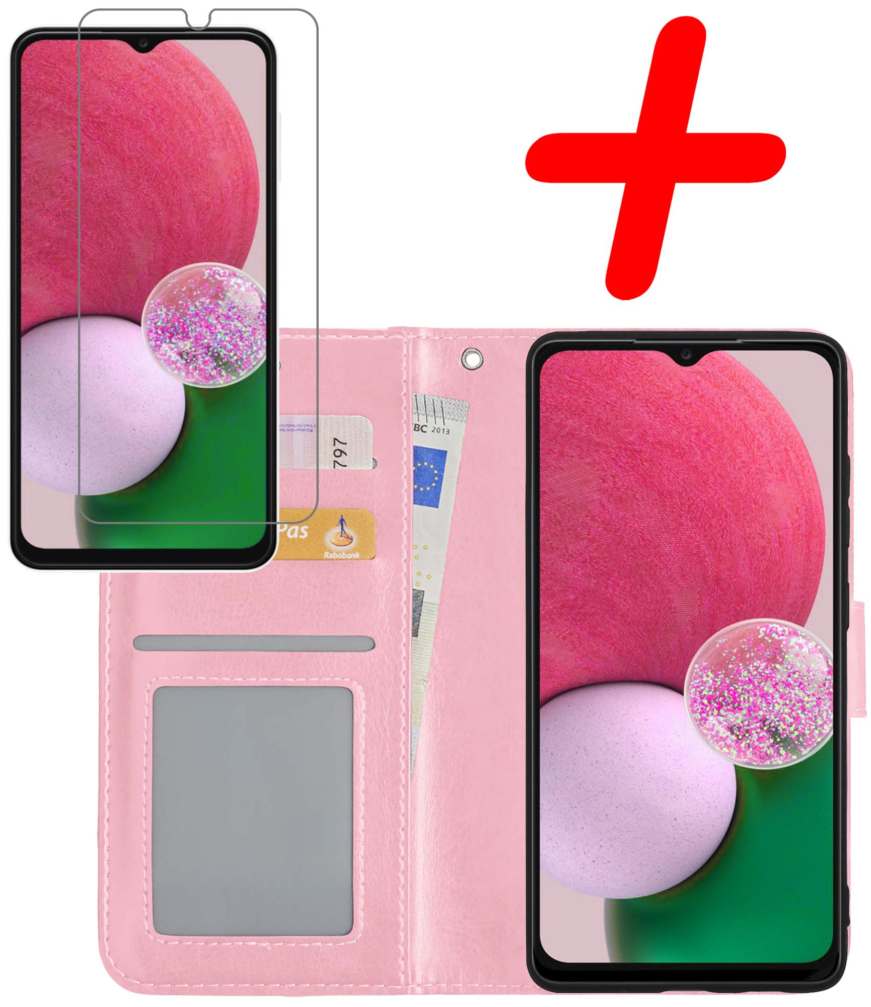 BASEY. Hoes Geschikt voor Samsung A13 4G Hoesje Bookcase Hoes Flip Case Book Cover Met Screenprotector - Hoesje Geschikt voor Samsung Galaxy A13 4G Hoes Book Case Hoesje - Lichtroze