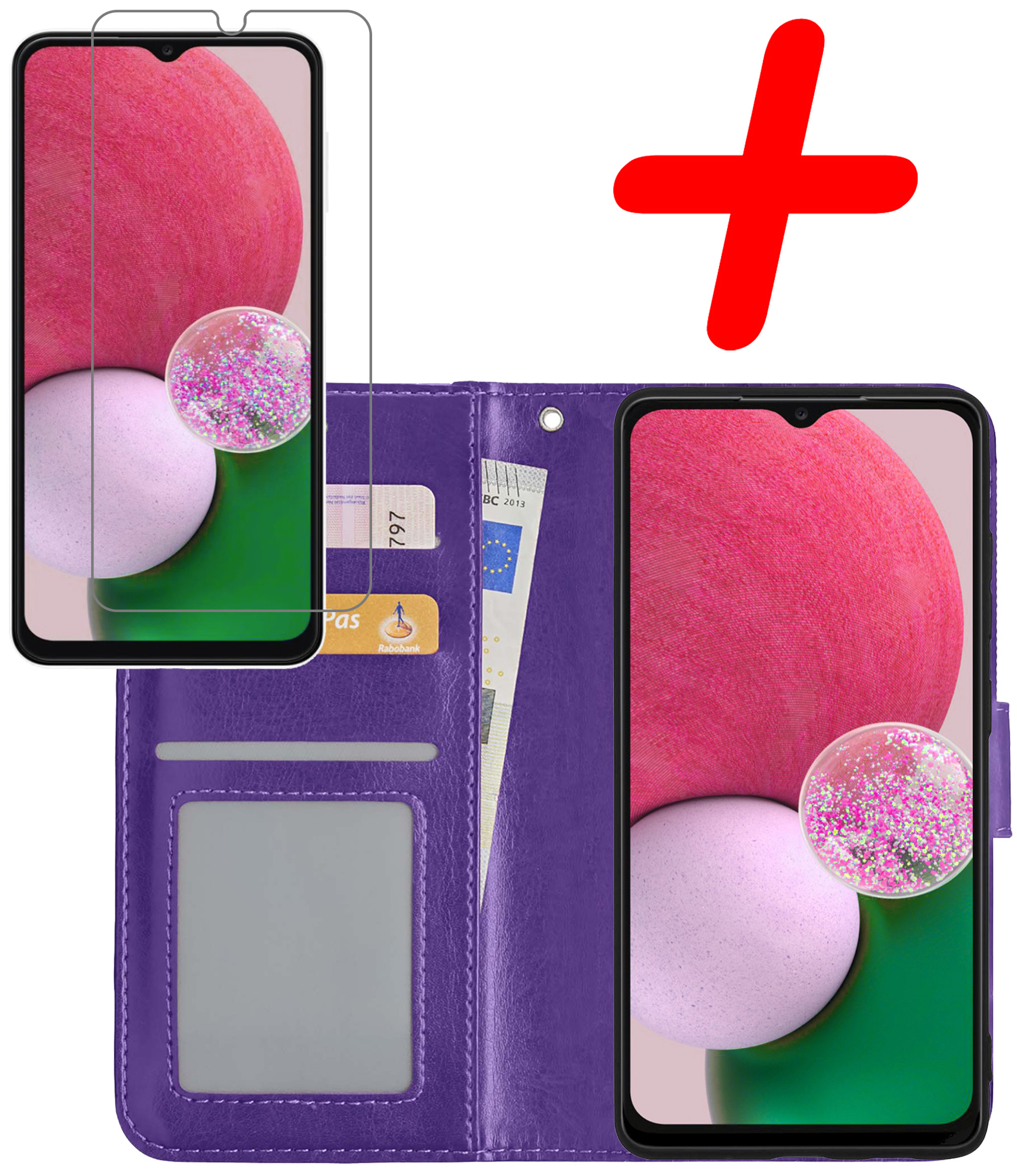 BASEY. Hoes Geschikt voor Samsung A13 4G Hoesje Bookcase Hoes Flip Case Book Cover Met Screenprotector - Hoesje Geschikt voor Samsung Galaxy A13 4G Hoes Book Case Hoesje - Paars