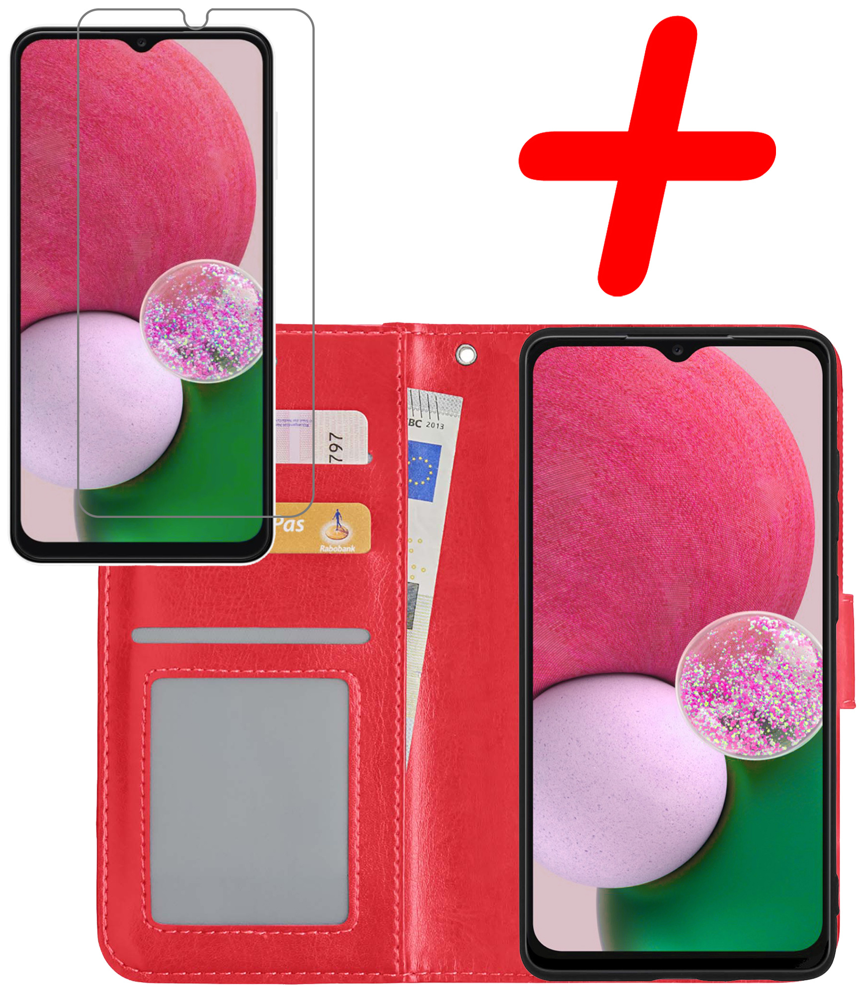 BASEY. Hoes Geschikt voor Samsung A13 4G Hoesje Bookcase Hoes Flip Case Book Cover Met Screenprotector - Hoesje Geschikt voor Samsung Galaxy A13 4G Hoes Book Case Hoesje - Rood