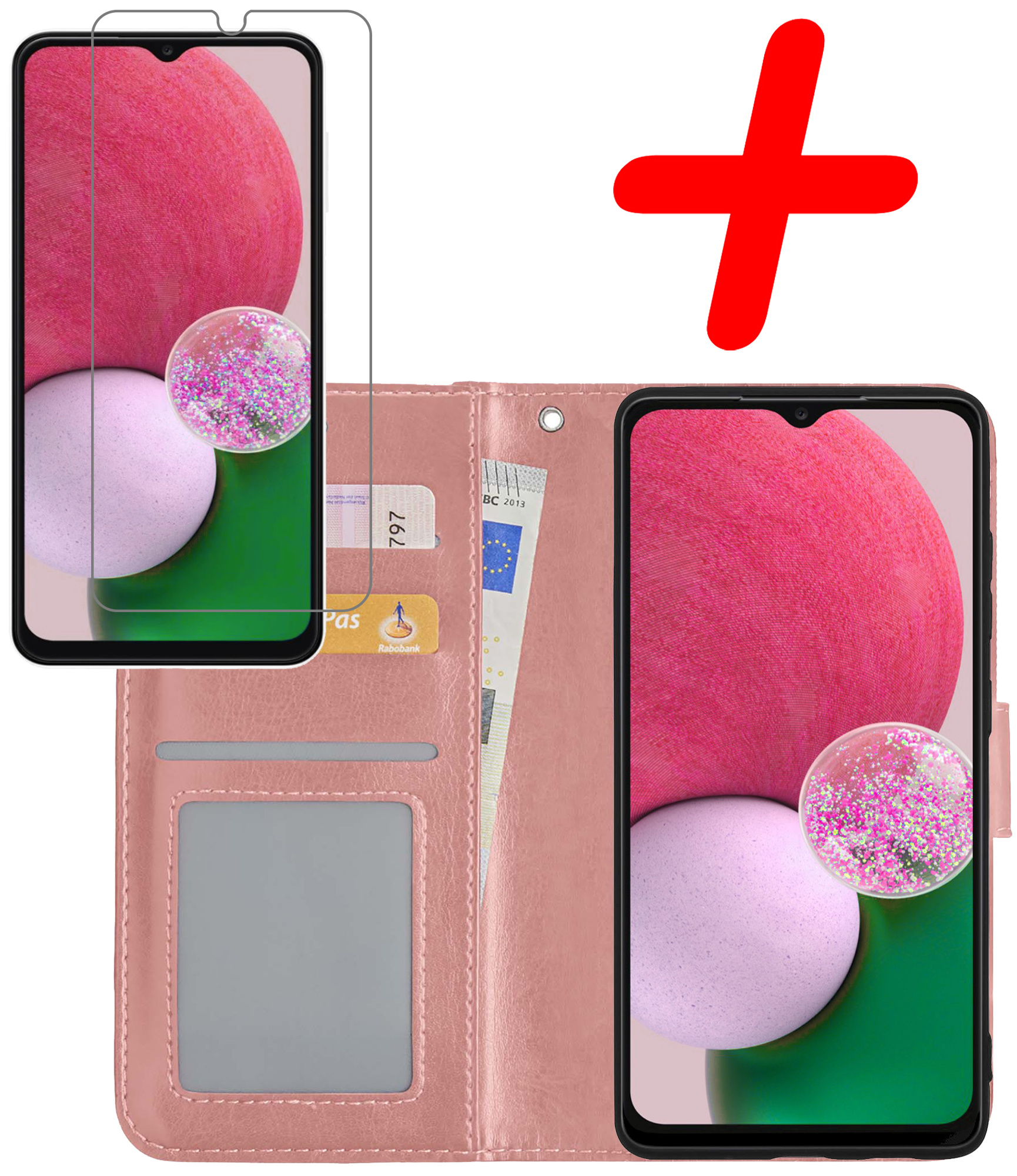 BASEY. Hoes Geschikt voor Samsung A13 4G Hoesje Bookcase Hoes Flip Case Book Cover Met Screenprotector - Hoesje Geschikt voor Samsung Galaxy A13 4G Hoes Book Case Hoesje - Rosé goud