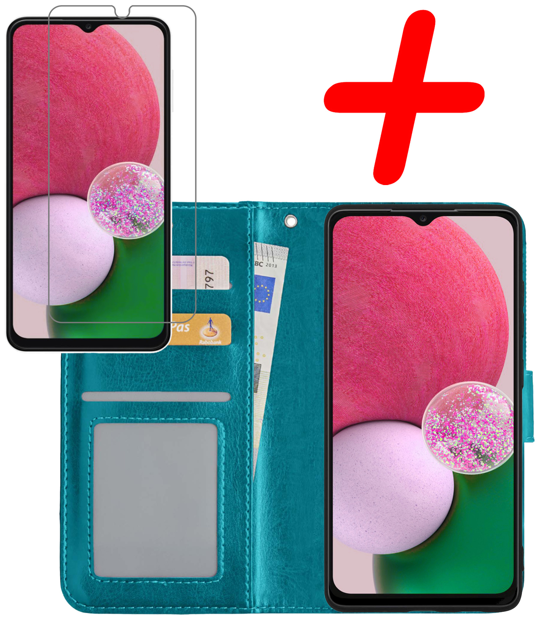 BASEY. Hoes Geschikt voor Samsung A13 4G Hoesje Bookcase Hoes Flip Case Book Cover Met Screenprotector - Hoesje Geschikt voor Samsung Galaxy A13 4G Hoes Book Case Hoesje - Turquoise