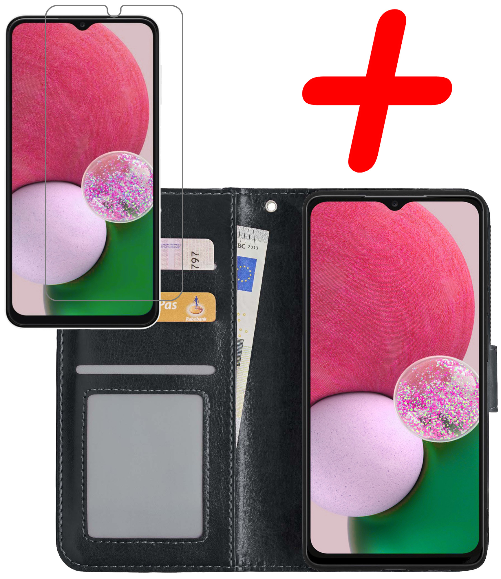BASEY. Hoes Geschikt voor Samsung A13 4G Hoesje Bookcase Hoes Flip Case Book Cover Met Screenprotector - Hoesje Geschikt voor Samsung Galaxy A13 4G Hoes Book Case Hoesje - Zwart