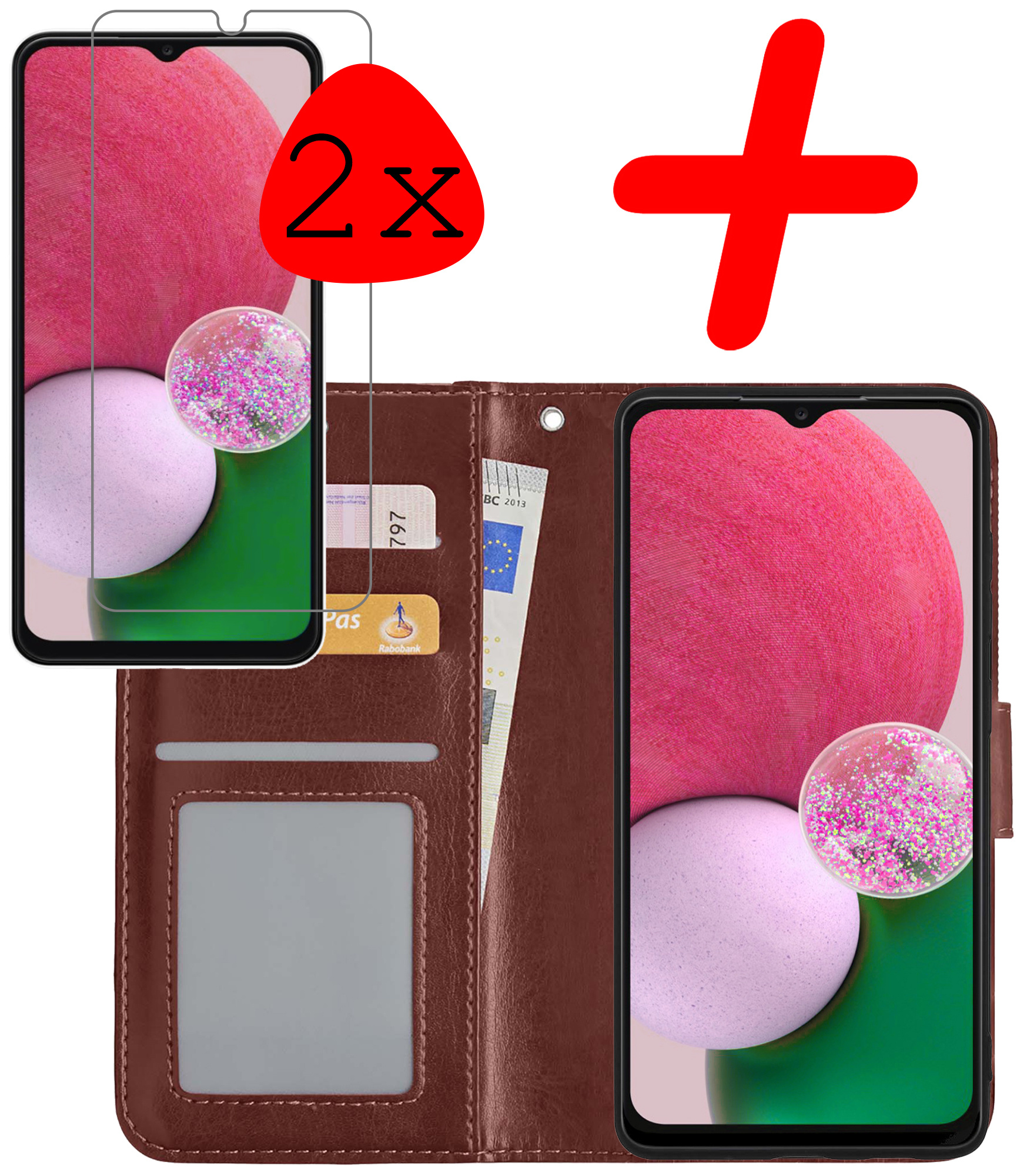 BASEY. Hoes Geschikt voor Samsung A13 4G Hoesje Bookcase Hoes Flip Case Book Cover Met 2x Screenprotector - Hoesje Geschikt voor Samsung Galaxy A13 4G Hoes Book Case Hoesje - Bruin