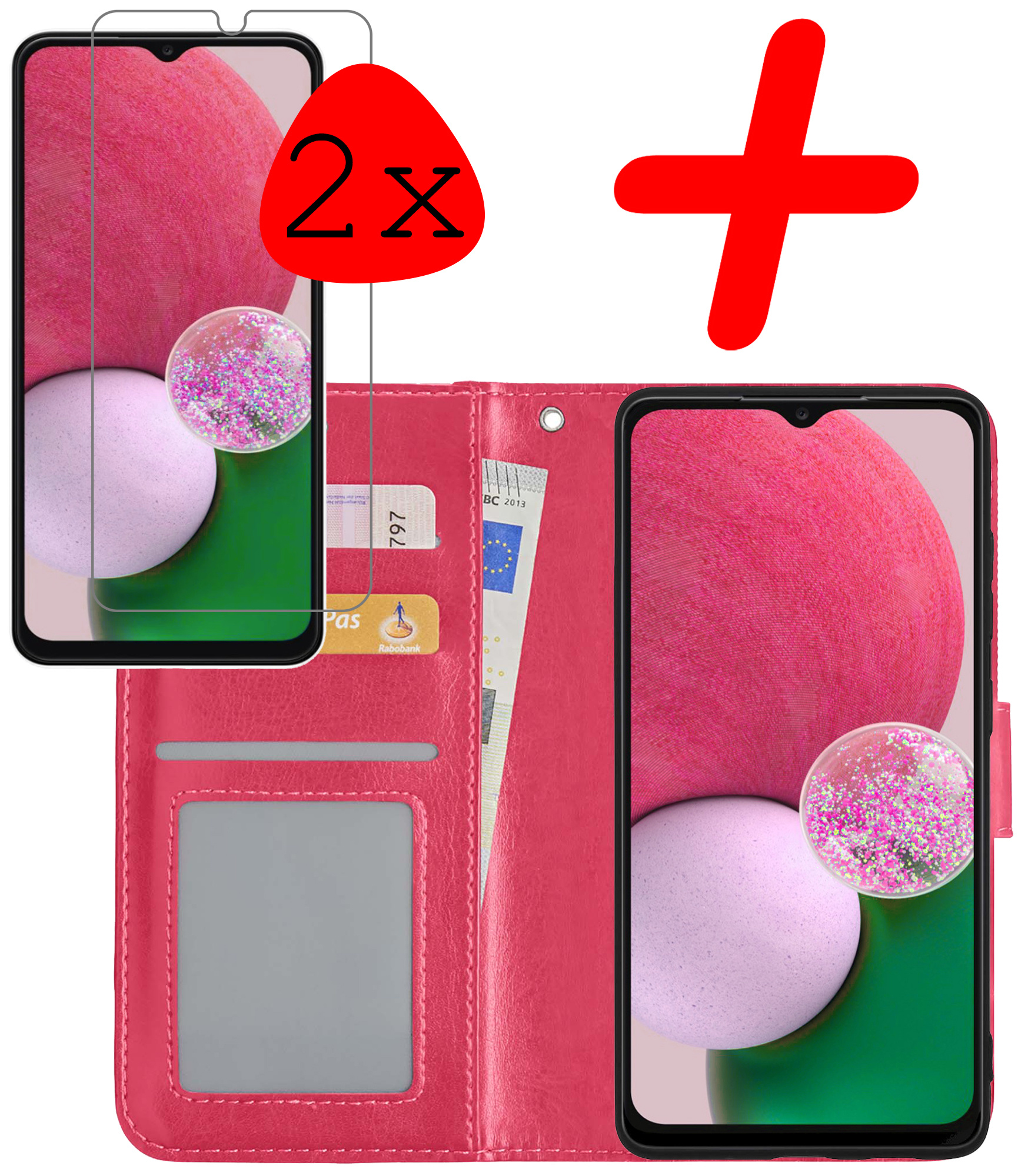 BASEY. Hoes Geschikt voor Samsung A13 4G Hoesje Bookcase Hoes Flip Case Book Cover Met 2x Screenprotector - Hoesje Geschikt voor Samsung Galaxy A13 4G Hoes Book Case Hoesje - Donkerroze