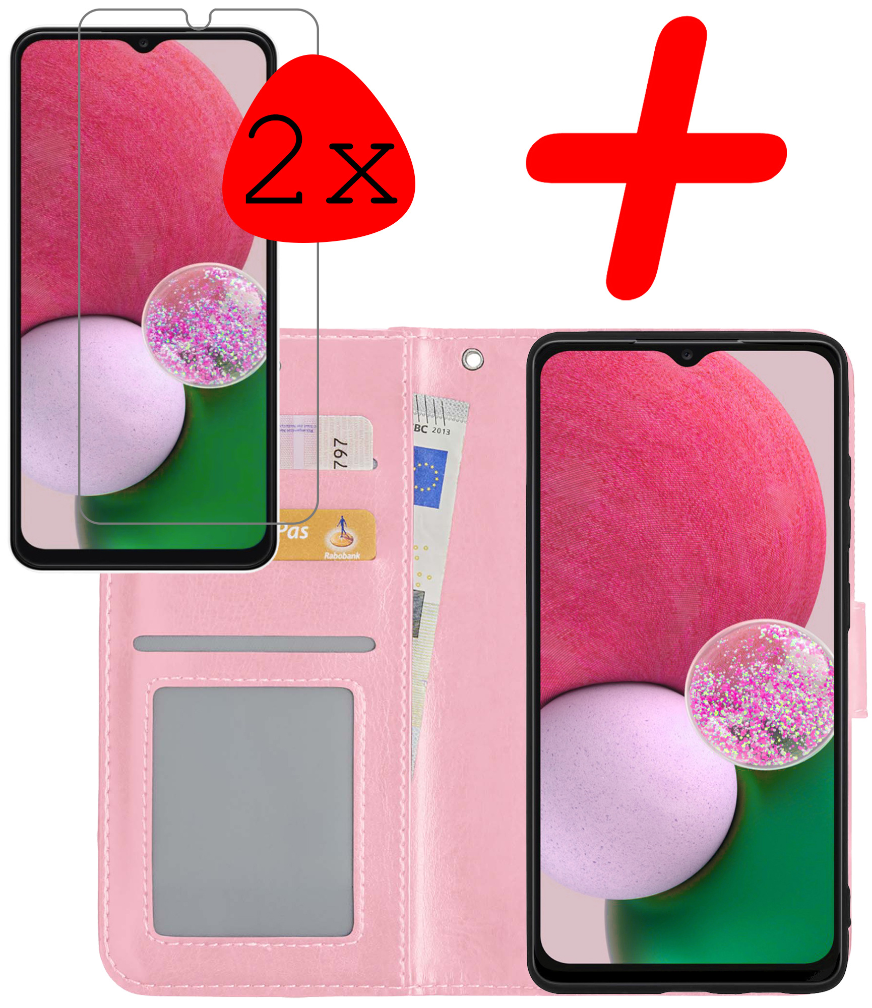 BASEY. Hoes Geschikt voor Samsung A13 4G Hoesje Bookcase Hoes Flip Case Book Cover Met 2x Screenprotector - Hoesje Geschikt voor Samsung Galaxy A13 4G Hoes Book Case Hoesje - Lichtroze