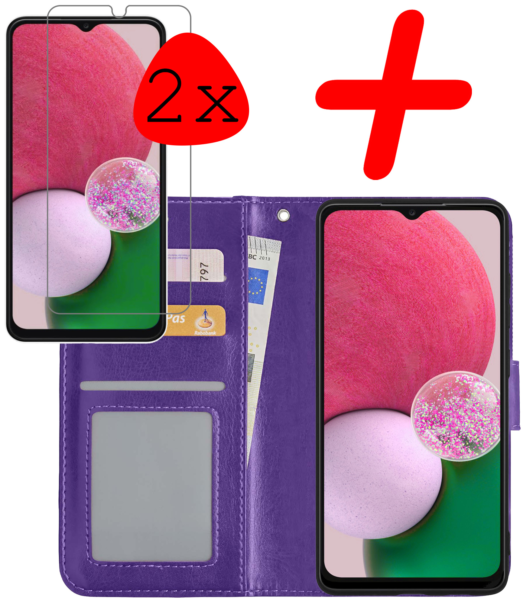BASEY. Hoes Geschikt voor Samsung A13 4G Hoesje Bookcase Hoes Flip Case Book Cover Met 2x Screenprotector - Hoesje Geschikt voor Samsung Galaxy A13 4G Hoes Book Case Hoesje - Paars