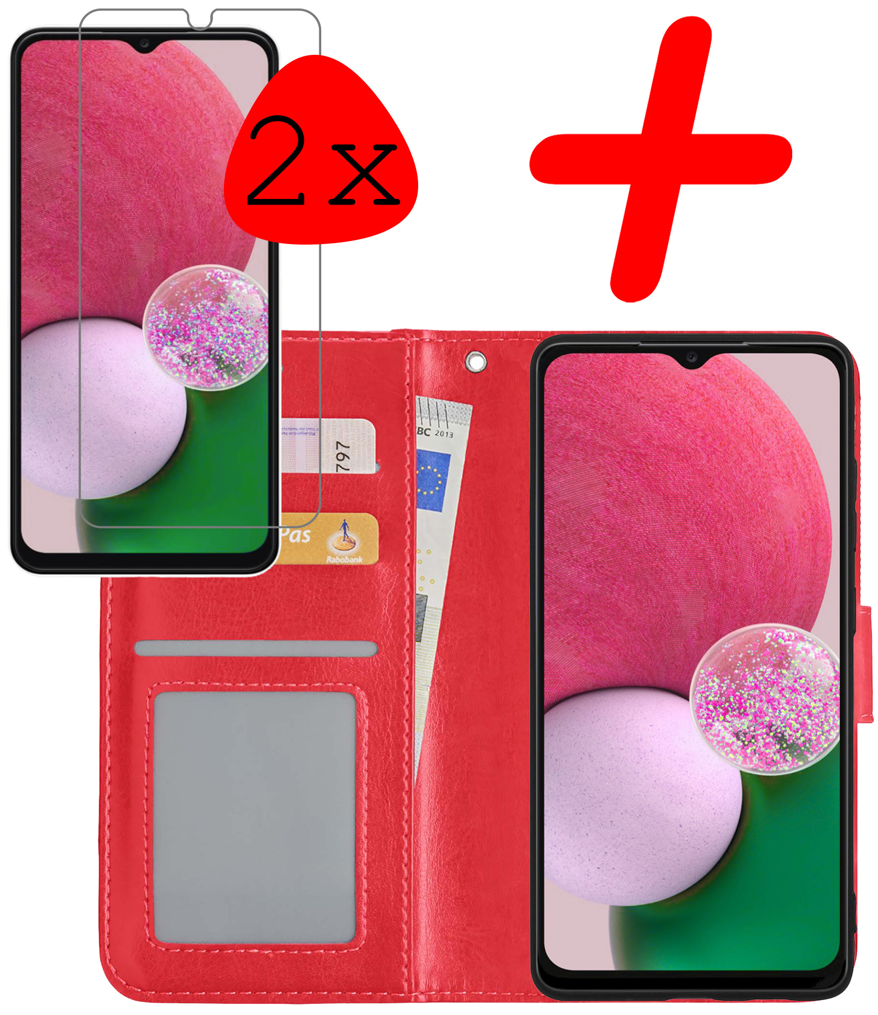 BASEY. Hoes Geschikt voor Samsung A13 4G Hoesje Bookcase Hoes Flip Case Book Cover Met 2x Screenprotector - Hoesje Geschikt voor Samsung Galaxy A13 4G Hoes Book Case Hoesje - Rood