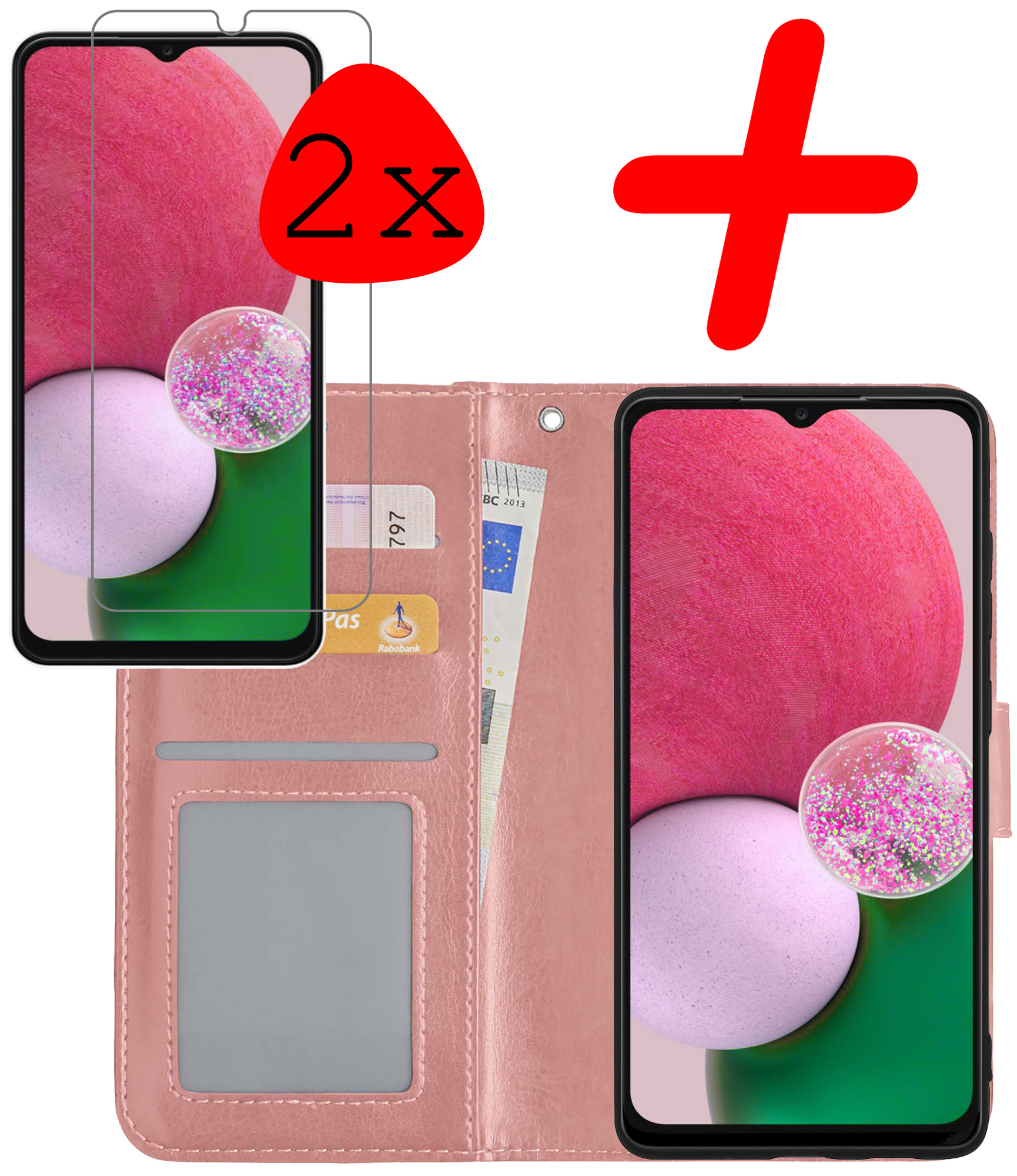 BASEY. Hoes Geschikt voor Samsung A13 4G Hoesje Bookcase Hoes Flip Case Book Cover Met 2x Screenprotector - Hoesje Geschikt voor Samsung Galaxy A13 4G Hoes Book Case Hoesje - Rosé goud