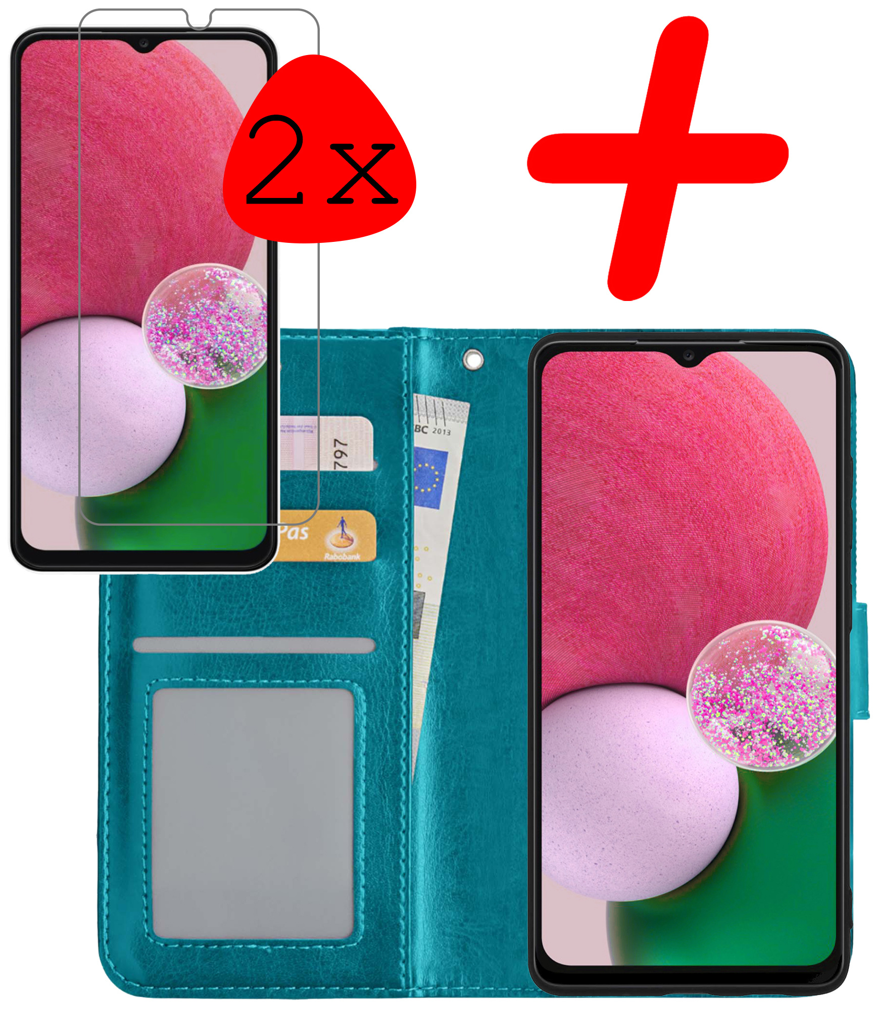 BASEY. Hoes Geschikt voor Samsung A13 4G Hoesje Bookcase Hoes Flip Case Book Cover Met 2x Screenprotector - Hoesje Geschikt voor Samsung Galaxy A13 4G Hoes Book Case Hoesje - Turquoise