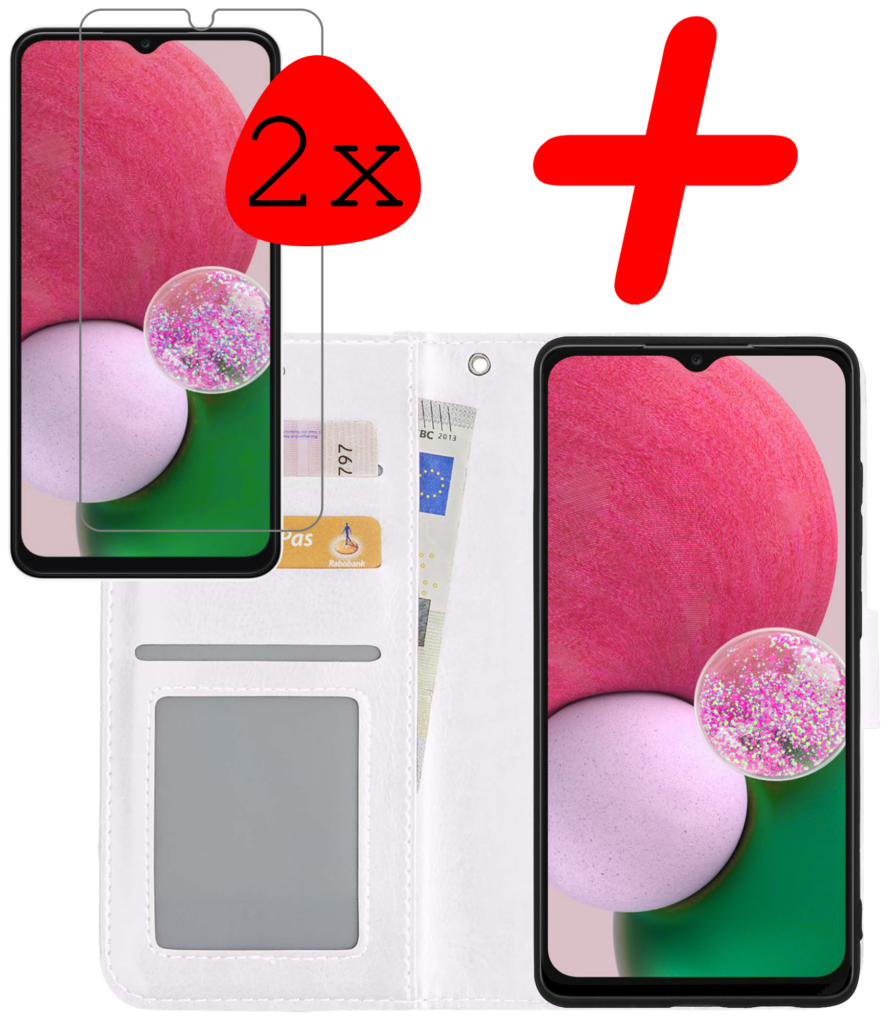 BASEY. Hoes Geschikt voor Samsung A13 4G Hoesje Bookcase Hoes Flip Case Book Cover Met 2x Screenprotector - Hoesje Geschikt voor Samsung Galaxy A13 4G Hoes Book Case Hoesje - Wit