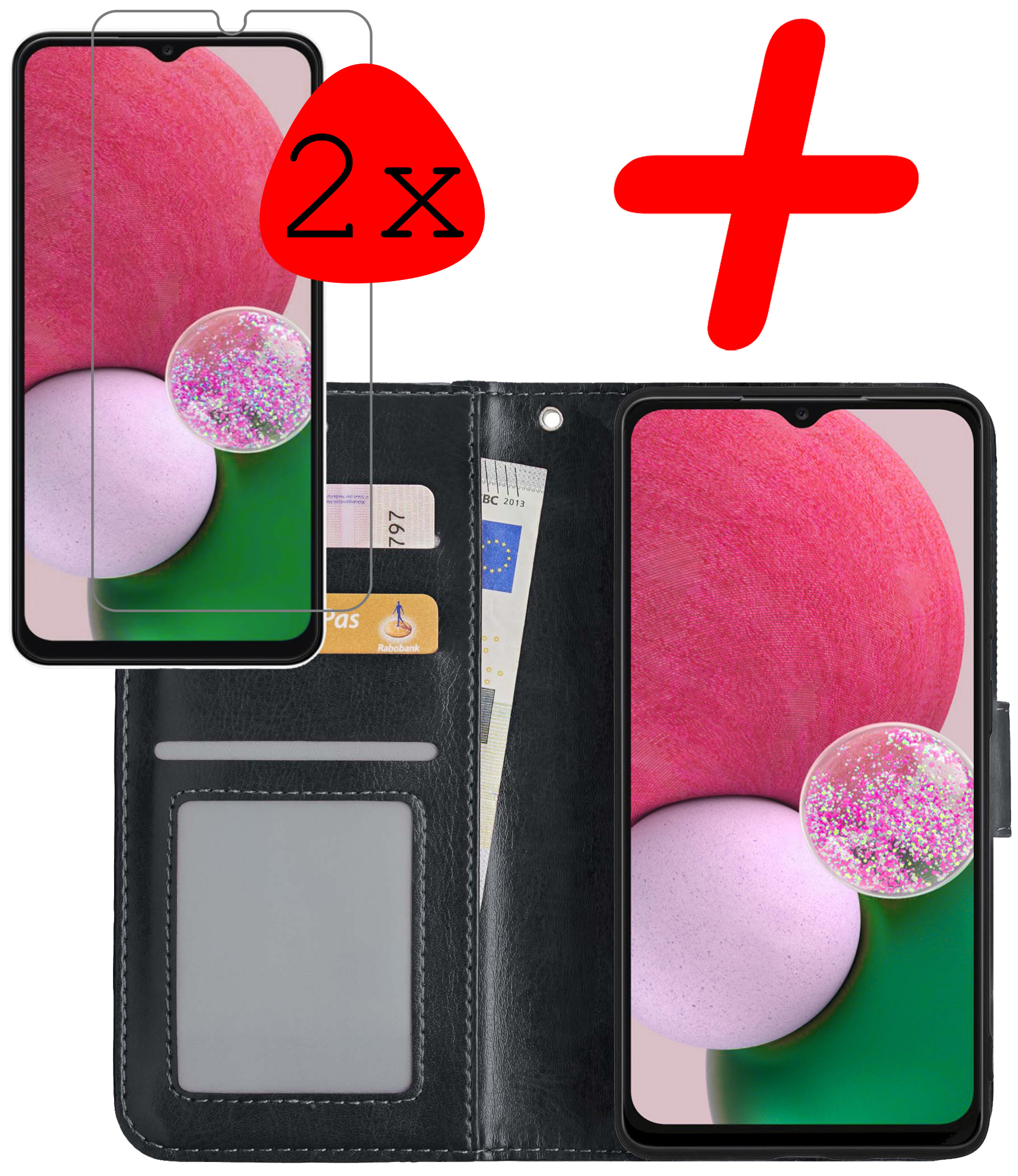 BASEY. Hoes Geschikt voor Samsung A13 4G Hoesje Bookcase Hoes Flip Case Book Cover Met 2x Screenprotector - Hoesje Geschikt voor Samsung Galaxy A13 4G Hoes Book Case Hoesje - Zwart