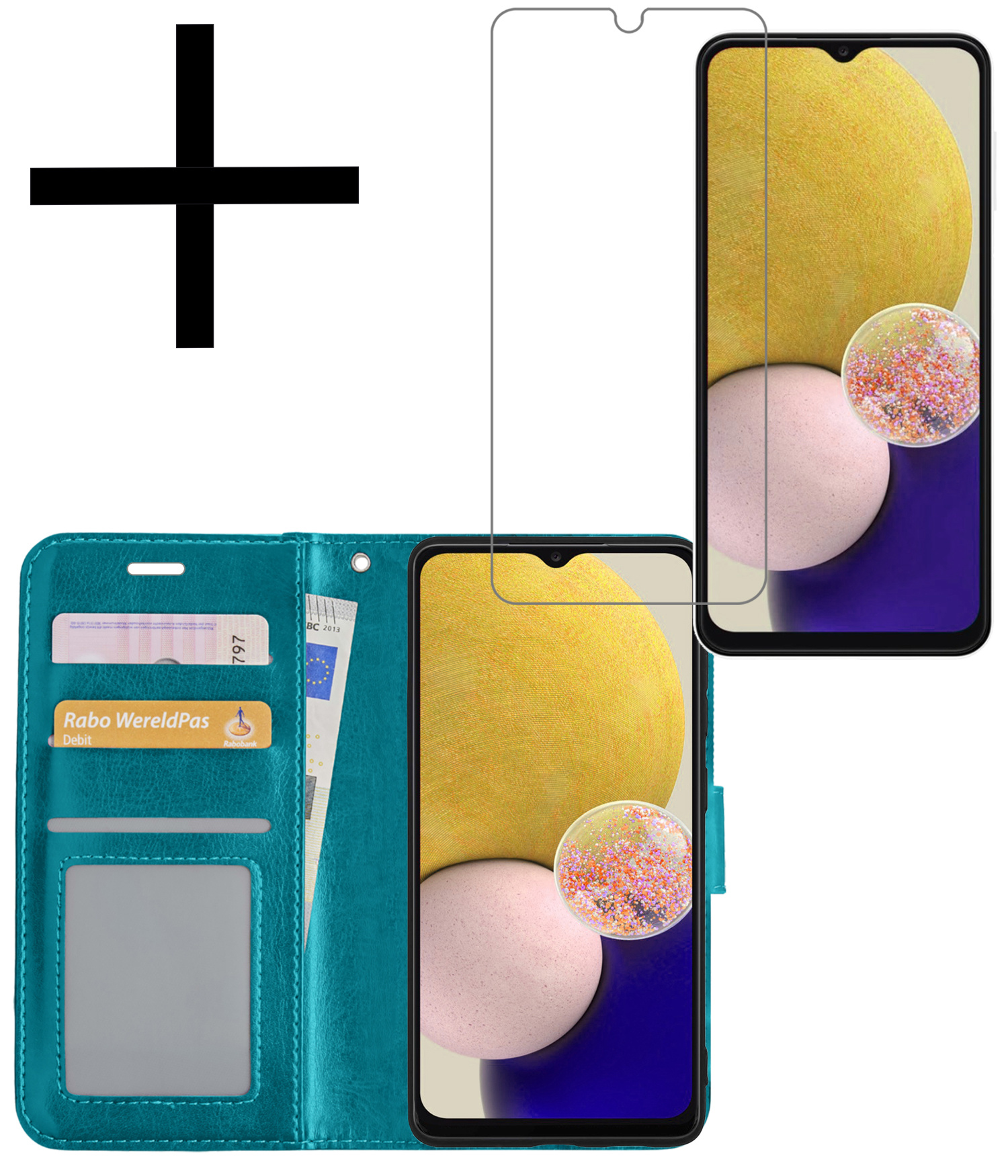 NoXx Hoes Geschikt voor Samsung A13 4G Hoesje Book Case Hoes Flip Cover Wallet Bookcase Met Screenprotector - Turquoise