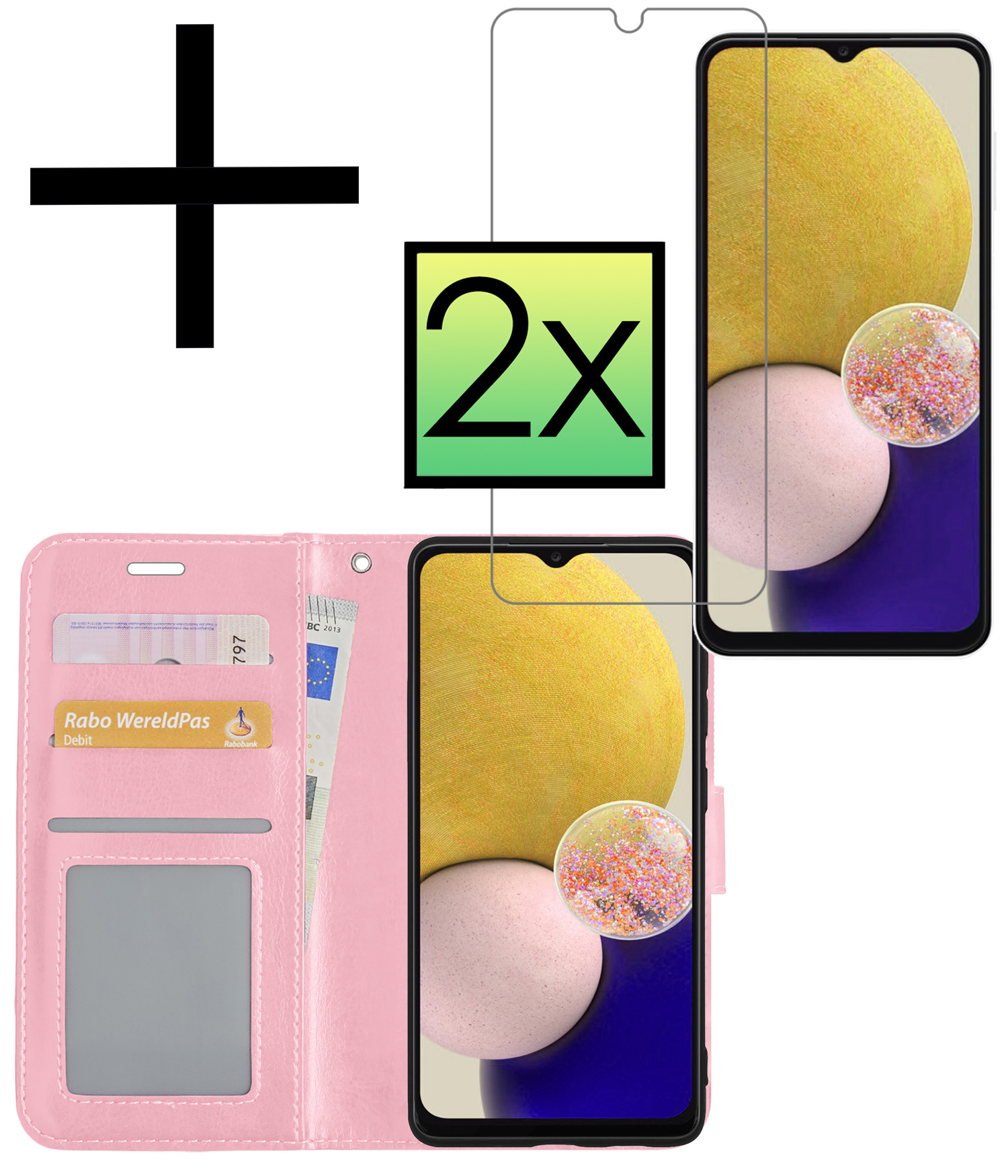 NoXx Hoes Geschikt voor Samsung A13 4G Hoesje Book Case Hoes Flip Cover Wallet Bookcase Met 2x Screenprotector - Lichtroze