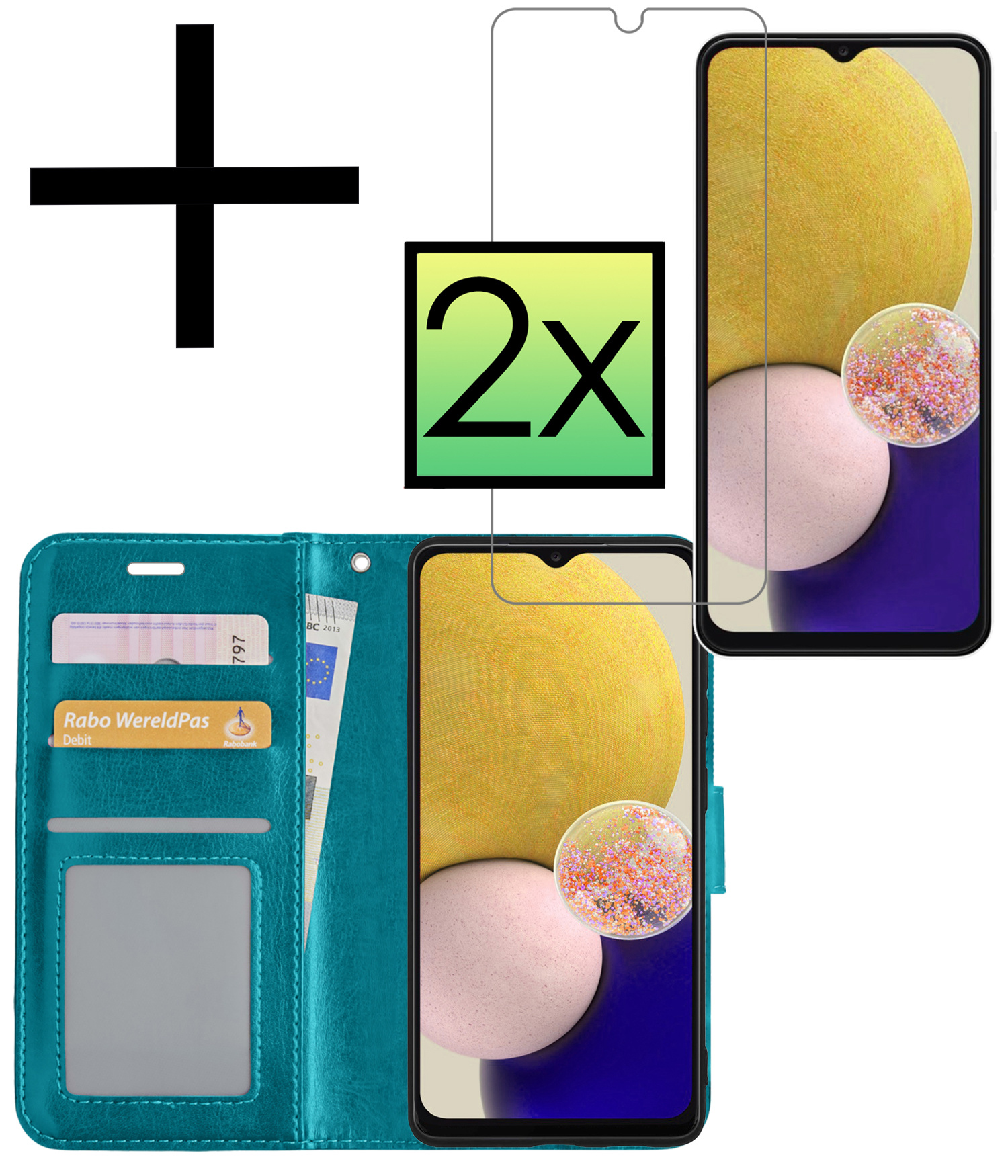 NoXx Hoes Geschikt voor Samsung A13 4G Hoesje Book Case Hoes Flip Cover Wallet Bookcase Met 2x Screenprotector - Turquoise