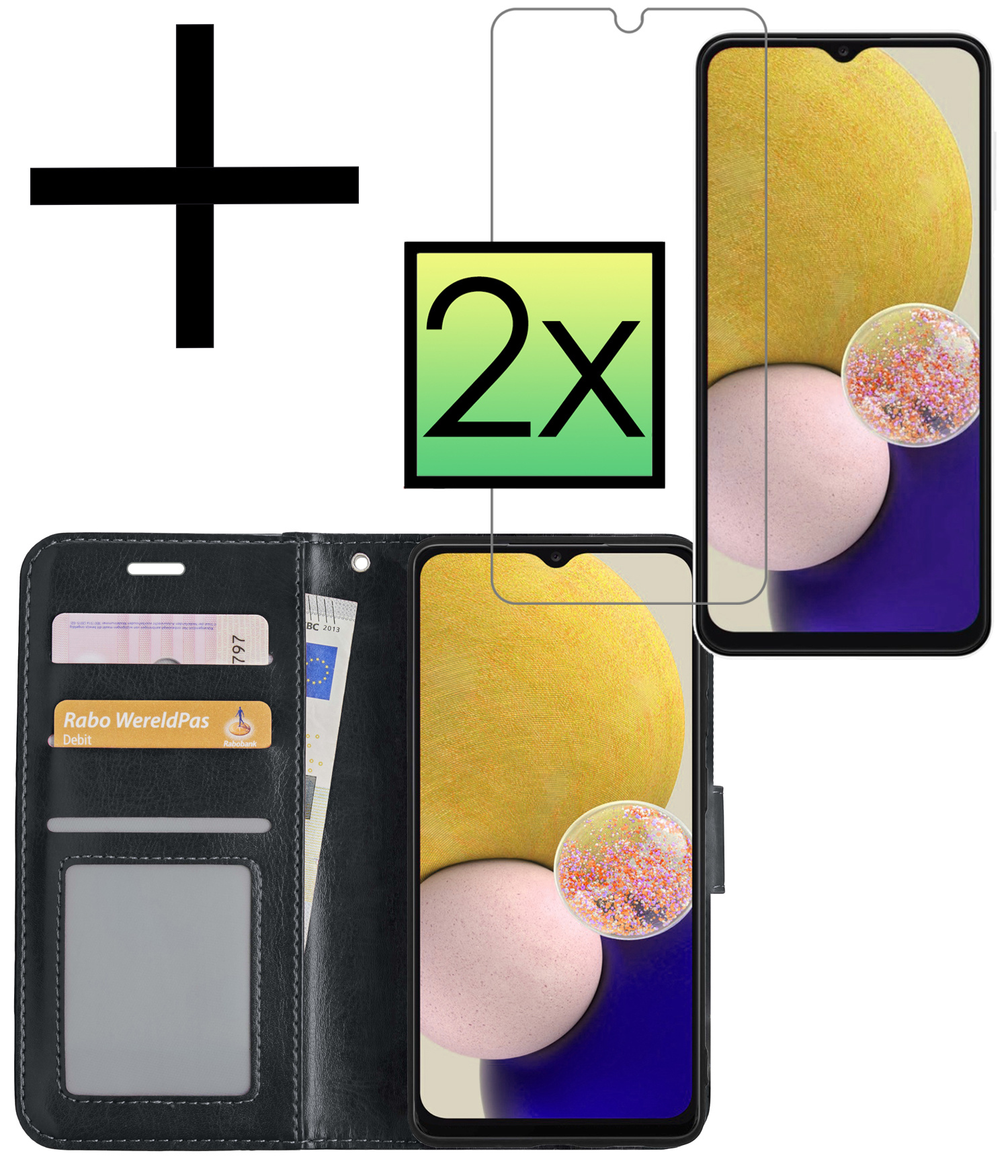 NoXx Hoes Geschikt voor Samsung A13 4G Hoesje Book Case Hoes Flip Cover Wallet Bookcase Met 2x Screenprotector - Zwart