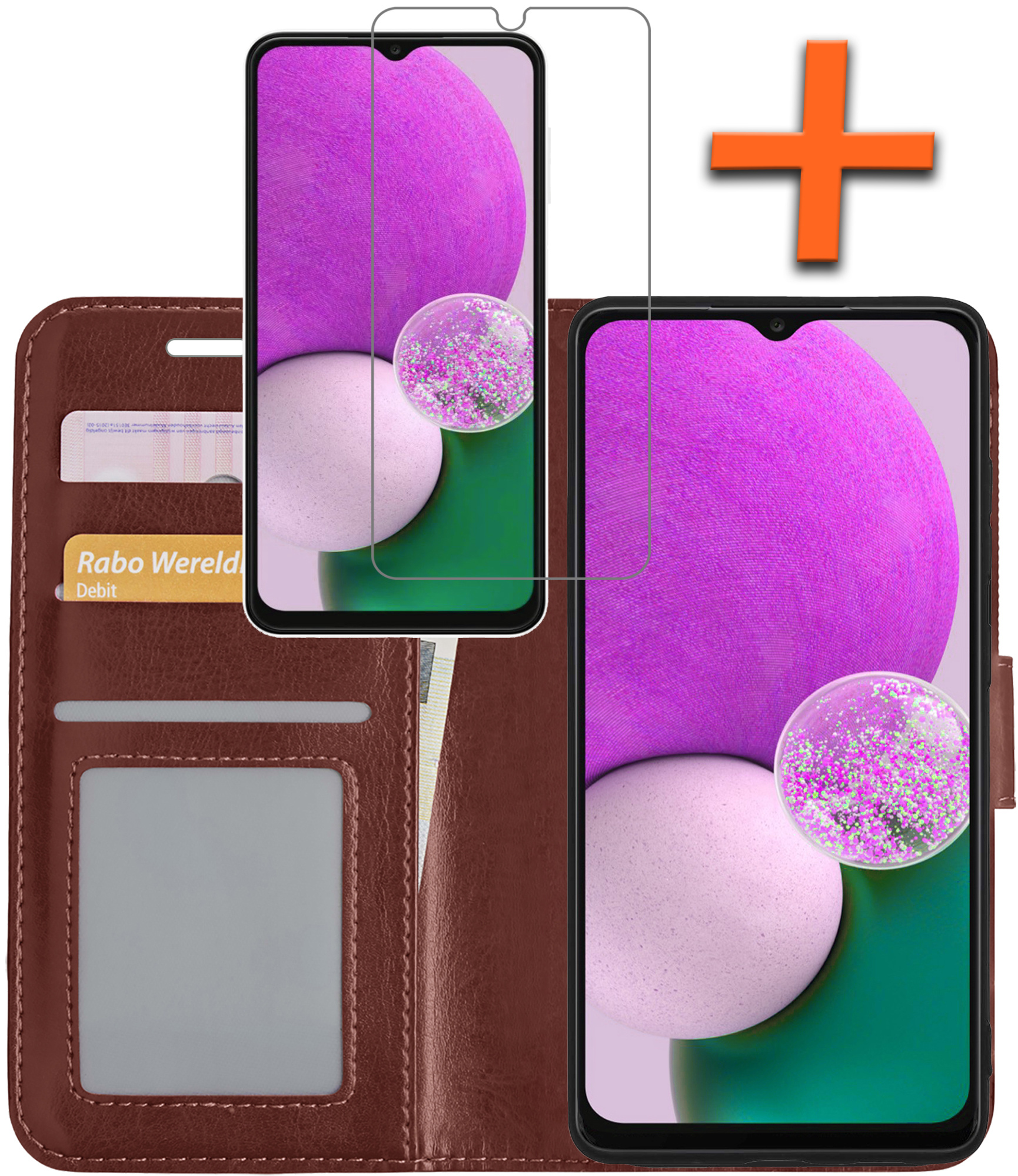 Nomfy Hoesje Geschikt voor Samsung A13 4G Hoes Bookcase Flipcase Book Cover Met Screenprotector - Hoes Geschikt voor Samsung Galaxy A13 4G Hoesje Book Case - Bruin