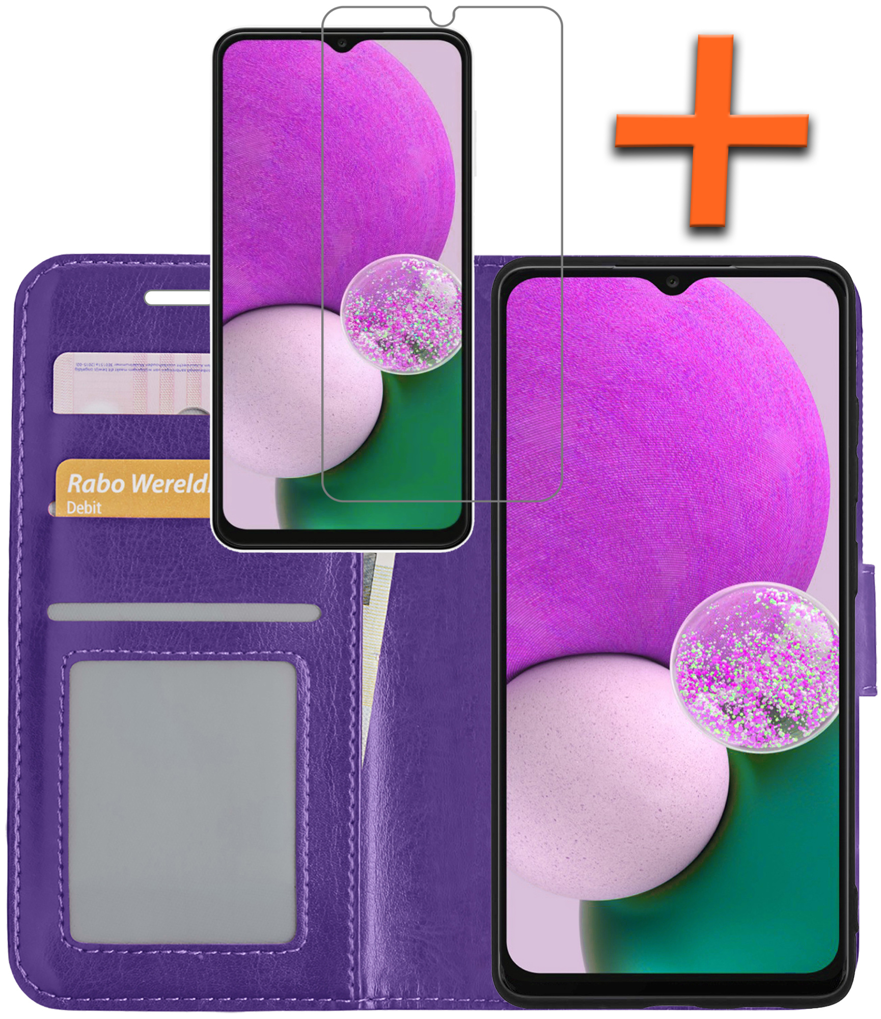 Nomfy Hoesje Geschikt voor Samsung A13 4G Hoes Bookcase Flipcase Book Cover Met Screenprotector - Hoes Geschikt voor Samsung Galaxy A13 4G Hoesje Book Case - Paars