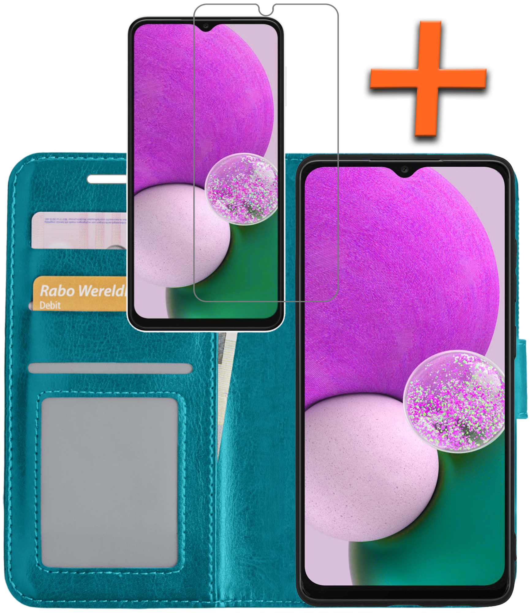 Nomfy Hoesje Geschikt voor Samsung A13 4G Hoes Bookcase Flipcase Book Cover Met Screenprotector - Hoes Geschikt voor Samsung Galaxy A13 4G Hoesje Book Case - Turquoise