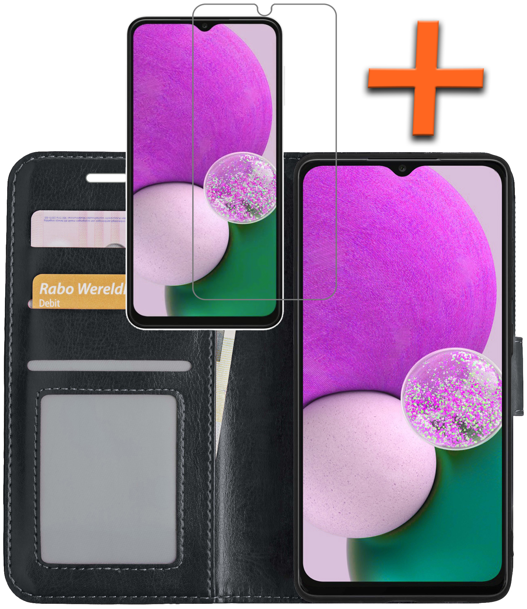 Nomfy Hoesje Geschikt voor Samsung A13 4G Hoes Bookcase Flipcase Book Cover Met Screenprotector - Hoes Geschikt voor Samsung Galaxy A13 4G Hoesje Book Case - Zwart