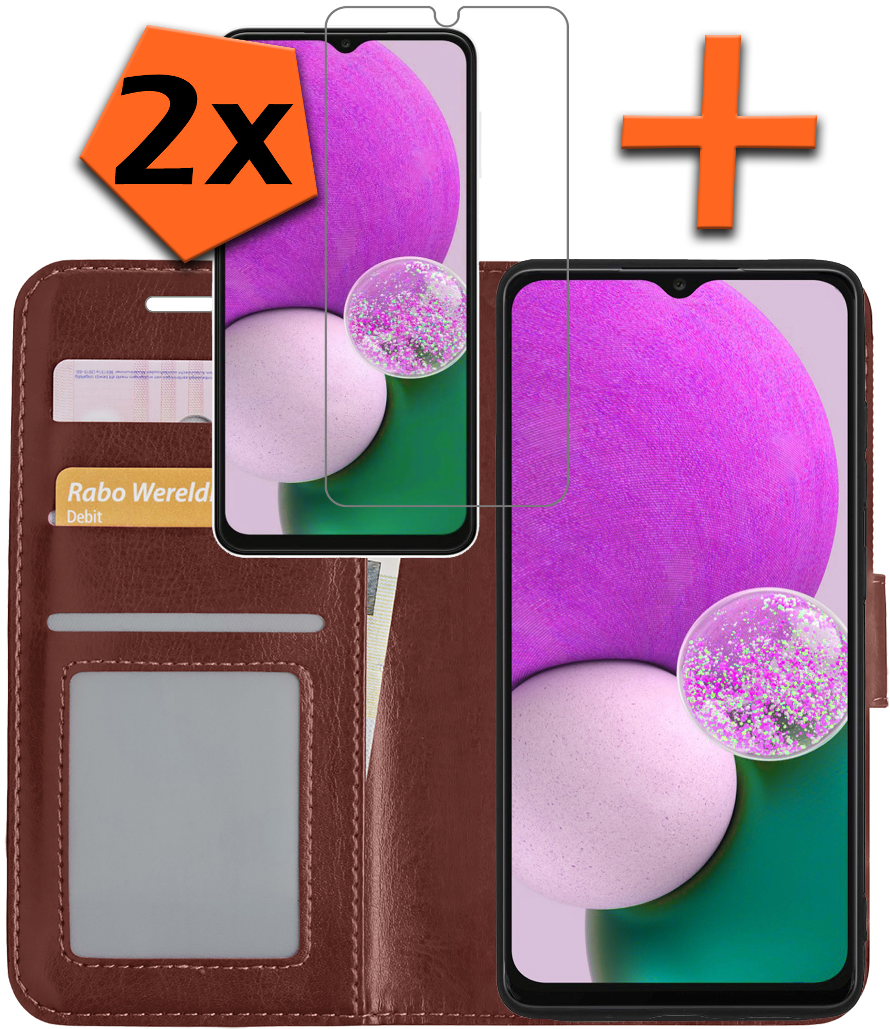 Nomfy Hoesje Geschikt voor Samsung A13 4G Hoes Bookcase Flipcase Book Cover Met 2x Screenprotector - Hoes Geschikt voor Samsung Galaxy A13 4G Hoesje Book Case - Bruin
