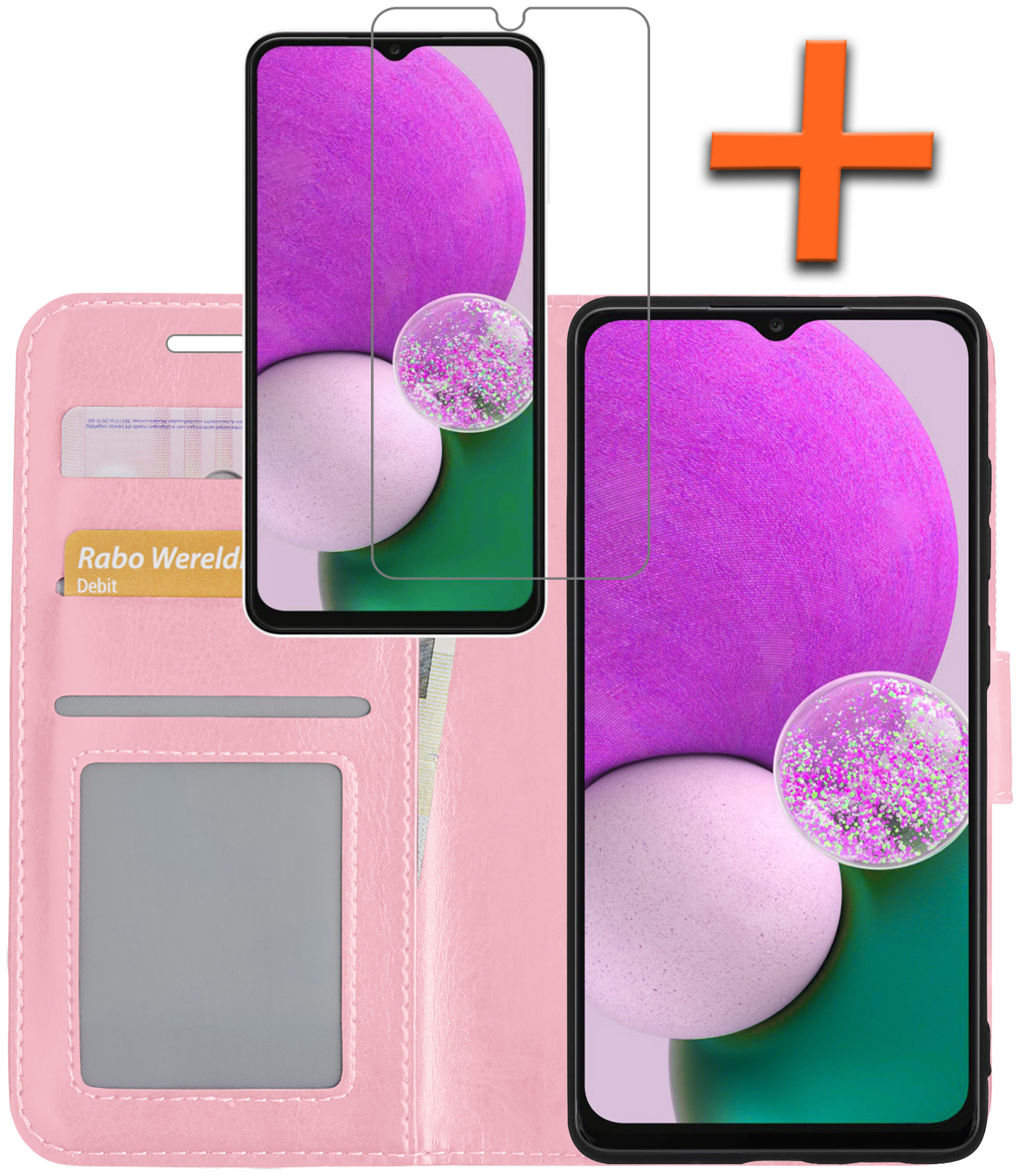 Nomfy Hoesje Geschikt voor Samsung A13 4G Hoes Bookcase Flipcase Book Cover Met 2x Screenprotector - Hoes Geschikt voor Samsung Galaxy A13 4G Hoesje Book Case - Lichtroze