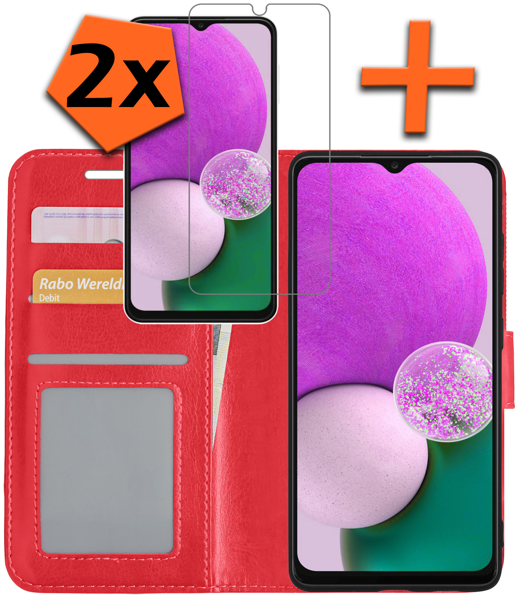 Nomfy Hoesje Geschikt voor Samsung A13 4G Hoes Bookcase Flipcase Book Cover Met 2x Screenprotector - Hoes Geschikt voor Samsung Galaxy A13 4G Hoesje Book Case - Rood