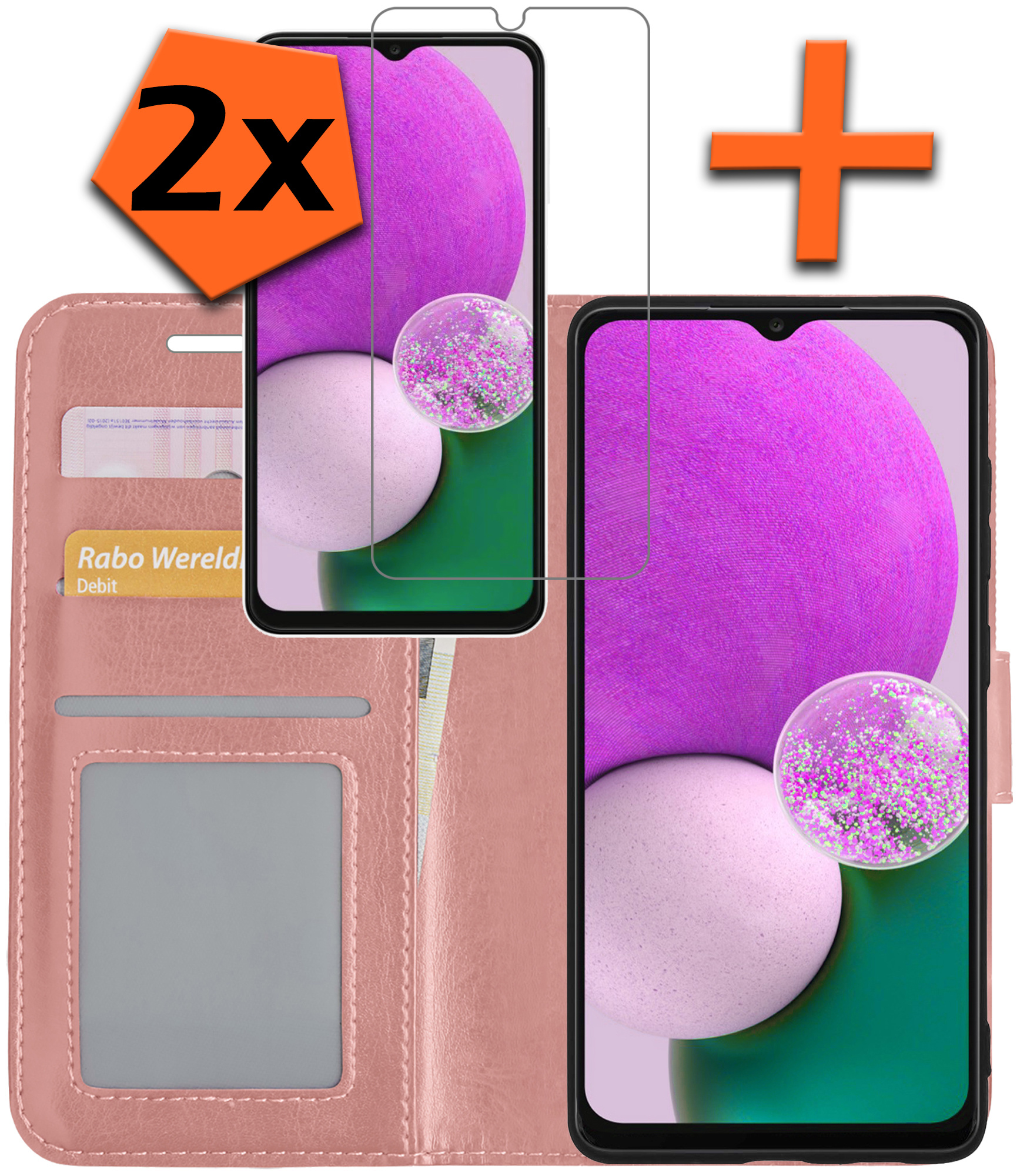Nomfy Hoesje Geschikt voor Samsung A13 4G Hoes Bookcase Flipcase Book Cover Met 2x Screenprotector - Hoes Geschikt voor Samsung Galaxy A13 4G Hoesje Book Case - Rosé goud