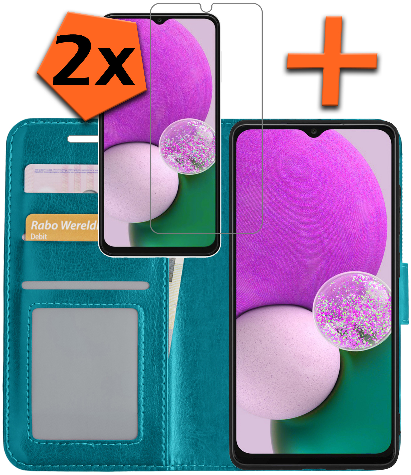 Nomfy Hoesje Geschikt voor Samsung A13 4G Hoes Bookcase Flipcase Book Cover Met 2x Screenprotector - Hoes Geschikt voor Samsung Galaxy A13 4G Hoesje Book Case - Turquoise