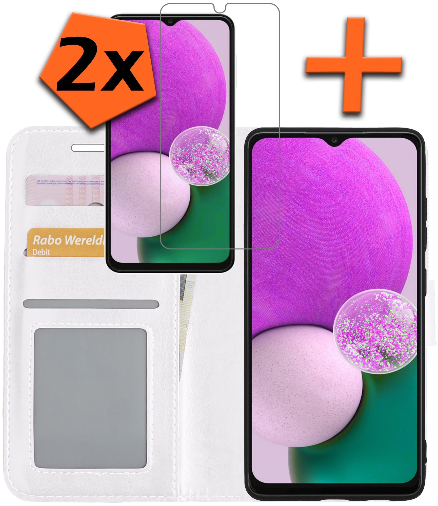 Nomfy Samsung Galaxy A13 4G Hoesje Bookcase Met 2x Screenprotector - Samsung Galaxy A13 4G Screenprotector 2x - Samsung Galaxy A13 4G Book Case Met 2x Screenprotector Wit