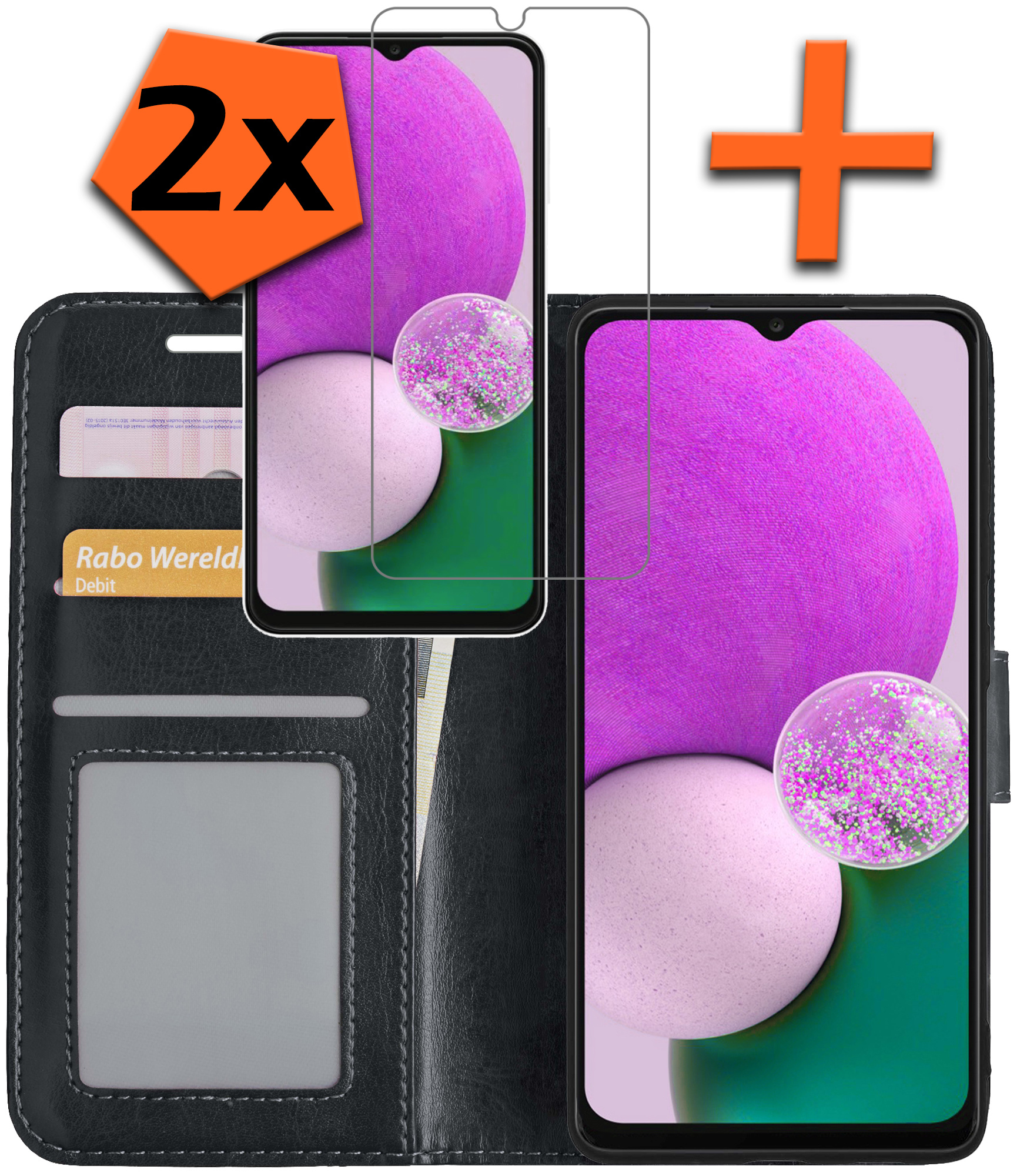 Nomfy Hoesje Geschikt voor Samsung A13 4G Hoes Bookcase Flipcase Book Cover Met 2x Screenprotector - Hoes Geschikt voor Samsung Galaxy A13 4G Hoesje Book Case - Zwart