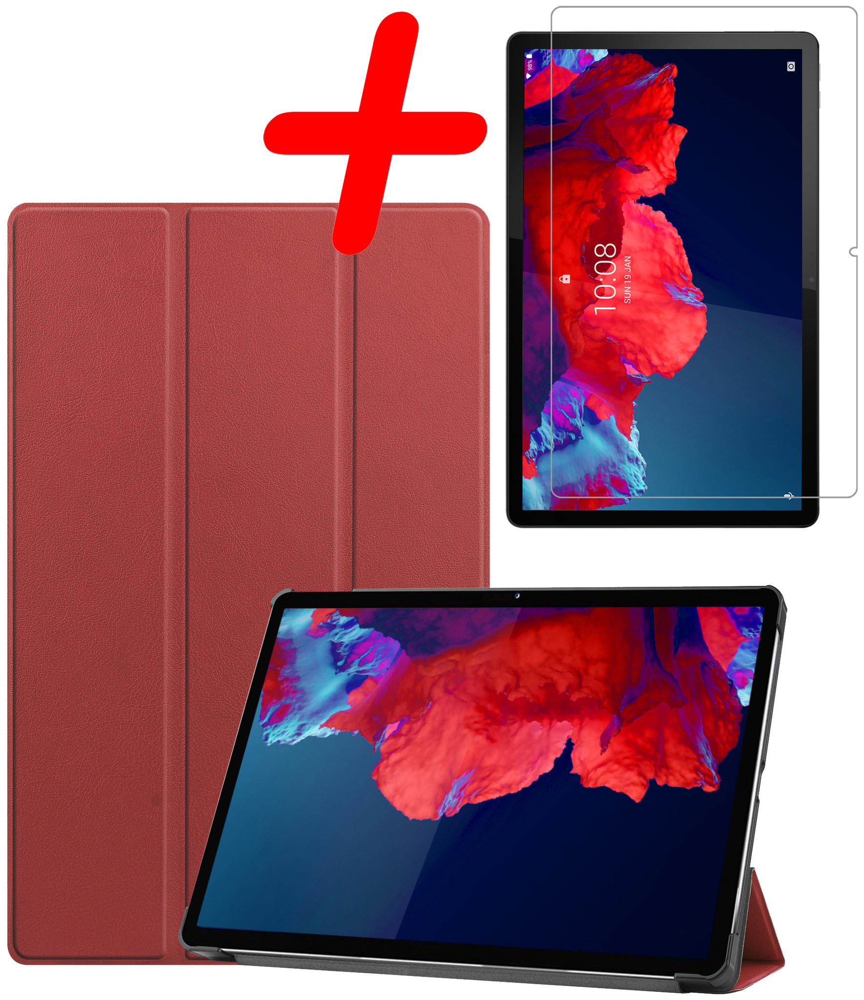 BASEY. Hoesje Geschikt voor Lenovo Tab P11 Plus Hoes Case Tablet Hoesje Tri-fold Met Screenprotector - Hoes Geschikt voor Lenovo Tab P11 Plus Hoesje Hard Cover Bookcase Hoes - Donkerrood