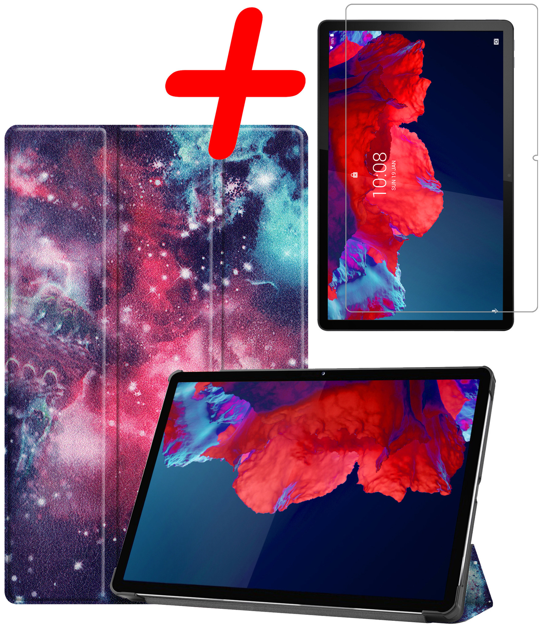 BASEY. Hoesje Geschikt voor Lenovo Tab P11 Plus Hoes Case Tablet Hoesje Tri-fold Met Screenprotector - Hoes Geschikt voor Lenovo Tab P11 Plus Hoesje Hard Cover Bookcase Hoes - Galaxy